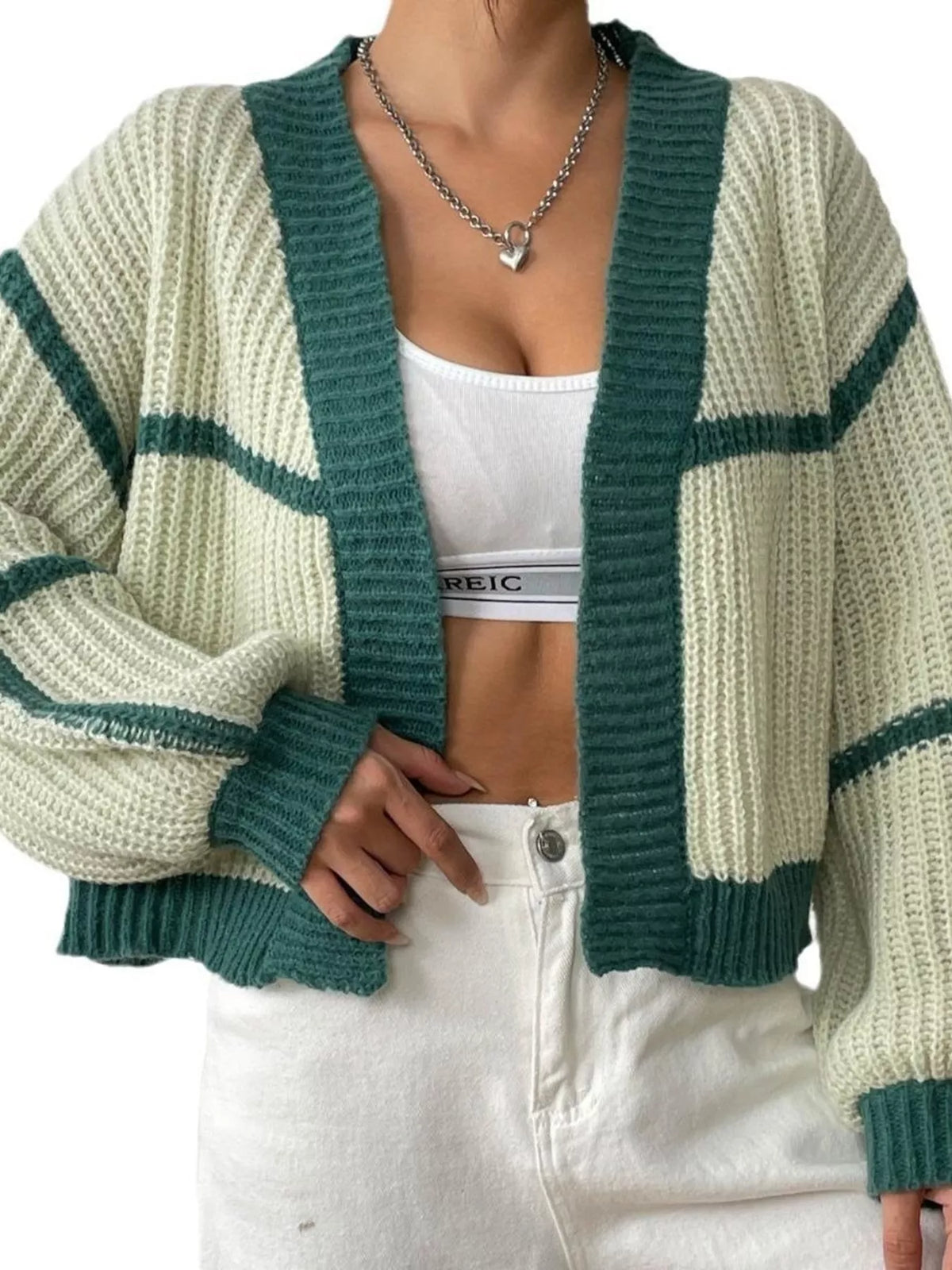 Color-Block Ribbed Knit Open-Front Cropped Cardigan