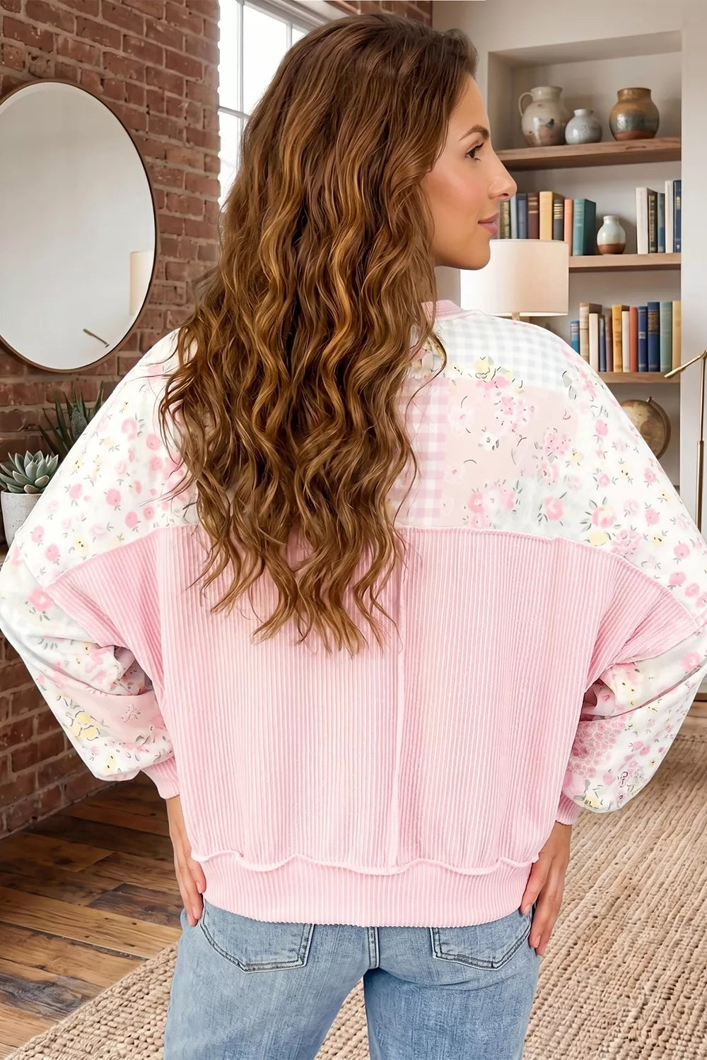 Twisted Ribbed Trim Floral Print Patchwork Long Sleeve Top