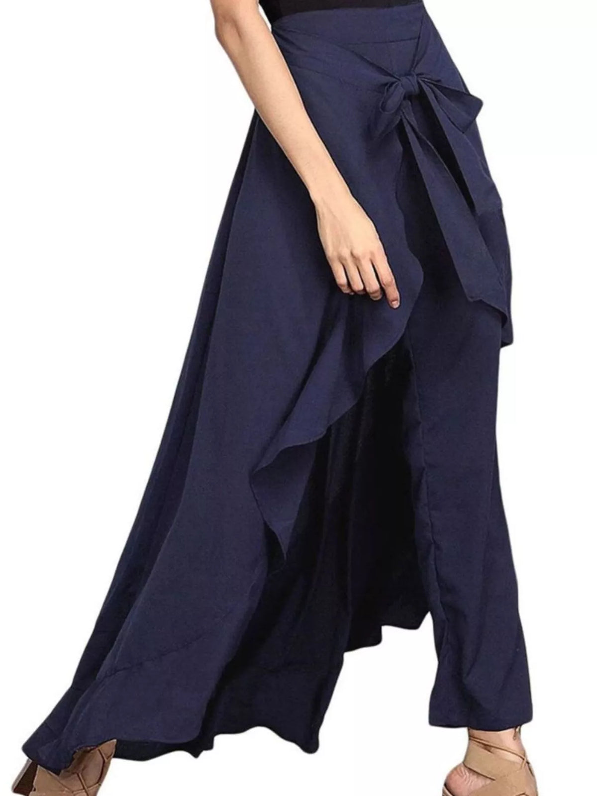 Full Size High-Waisted Tie-Front Ruffled Wide-Leg Pants Plus Size