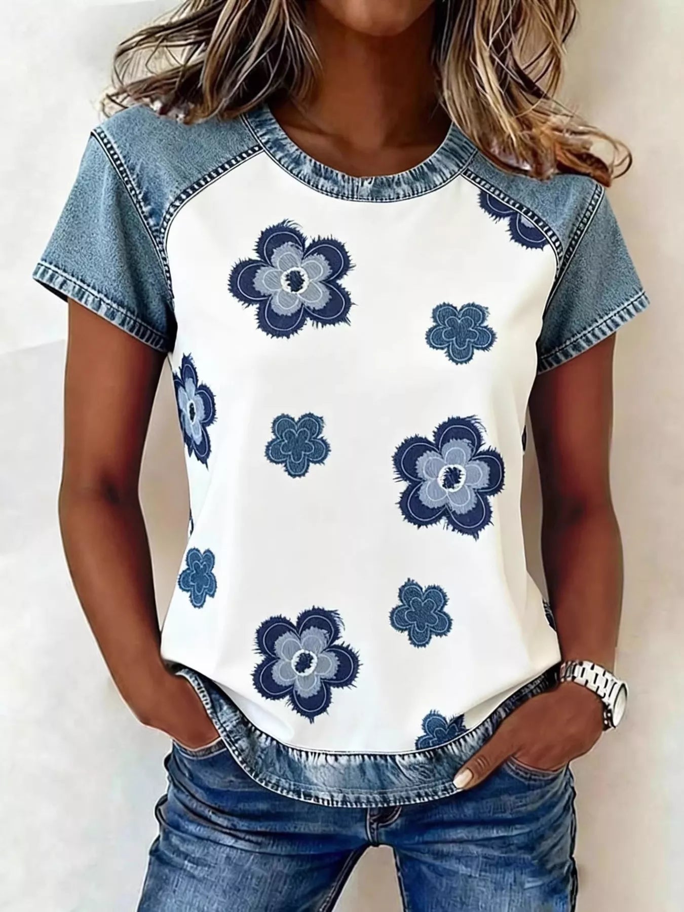 Denim Patchwork Short Sleeve Blouse