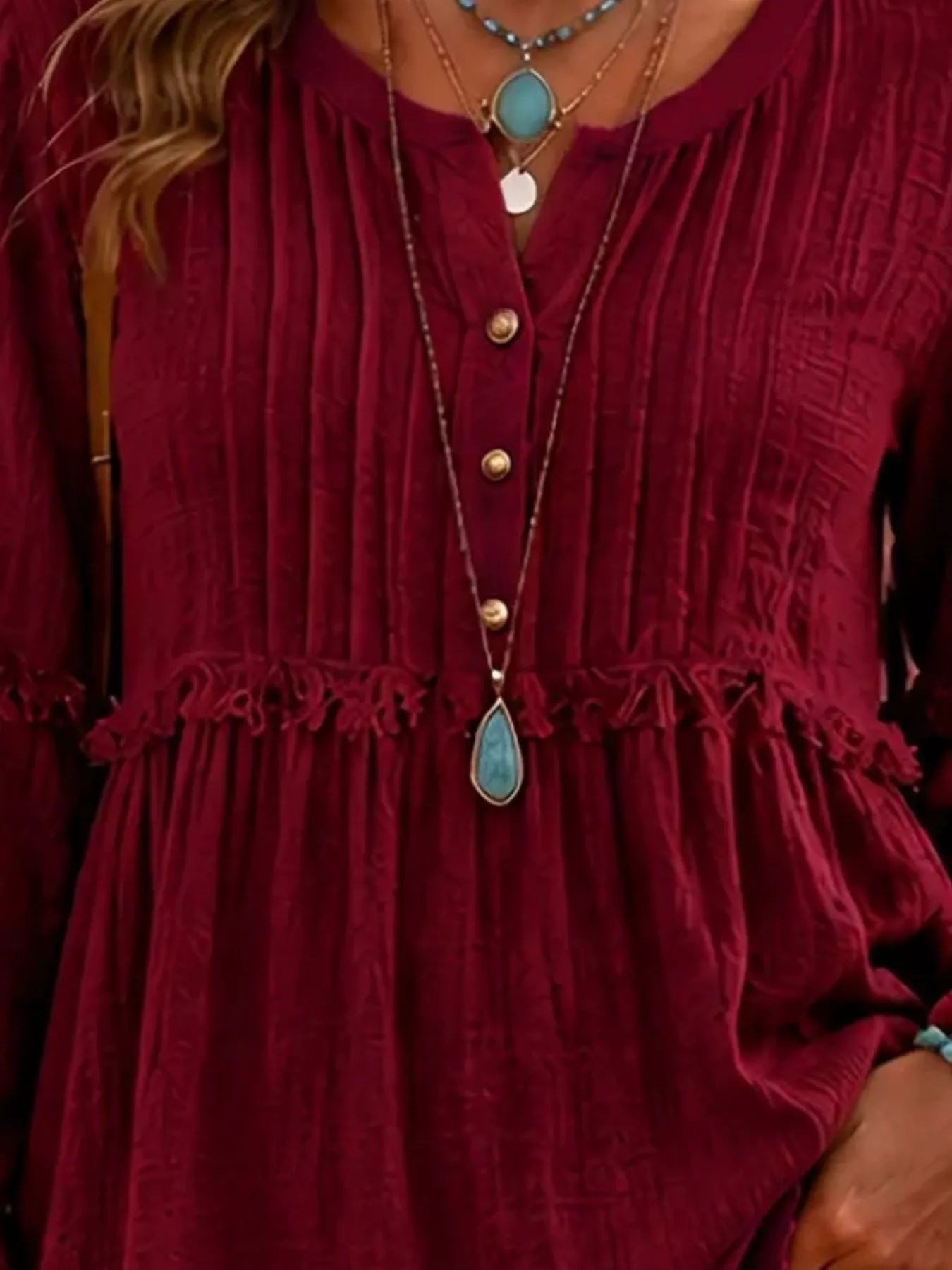 Full Size Frill Notched Long Sleeve Blouse Plus Size