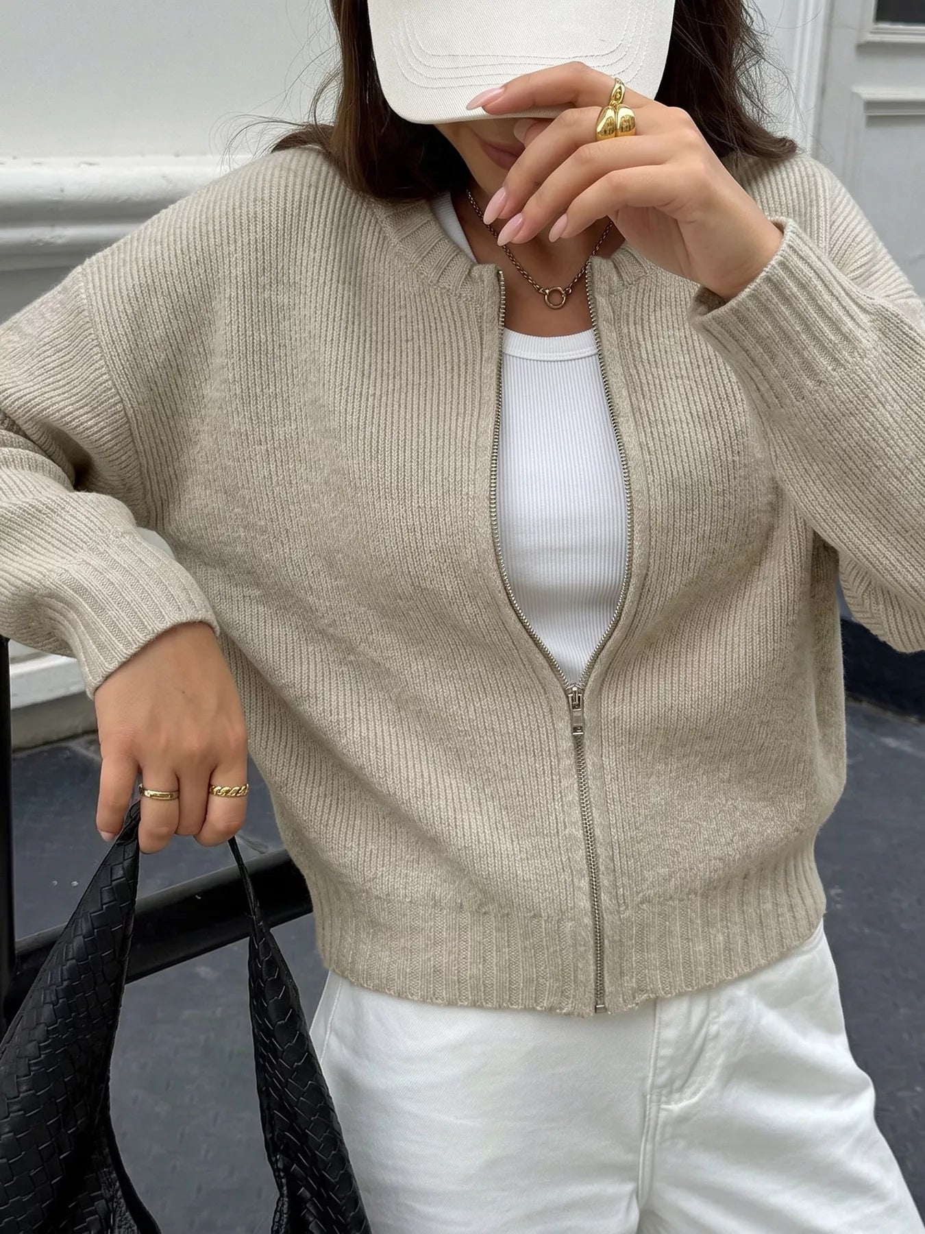 Zip-Up Dropped Shoulder Cardigan