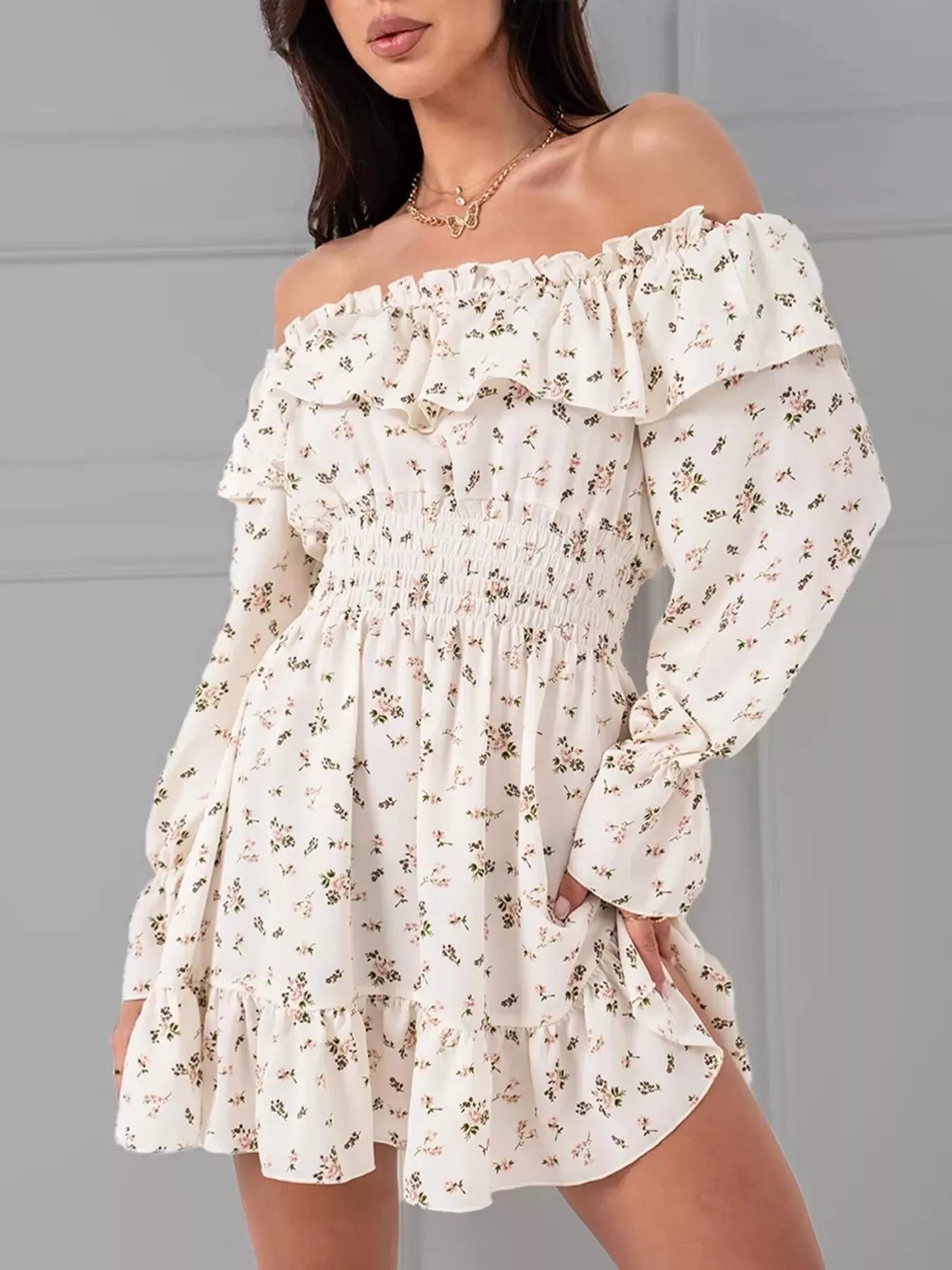 Off-Shoulder Floral Print Ruffle Dress