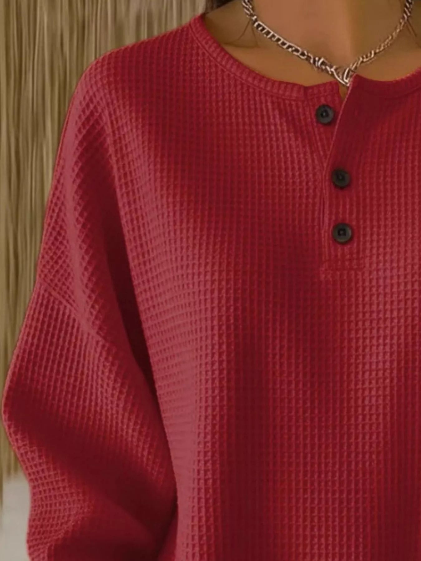 Full Size Waffle Knit Button Detail Top Plus Size