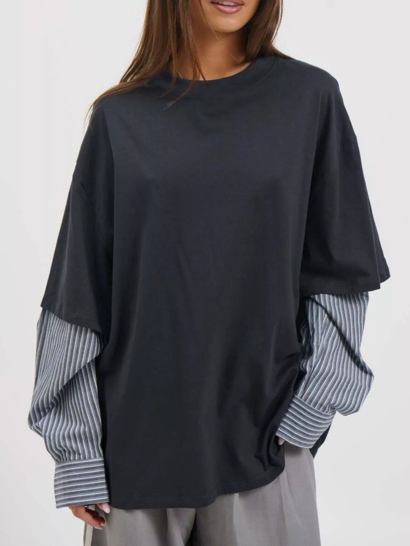 Oversized Layered-Look T-Shirt with Striped Sleeves