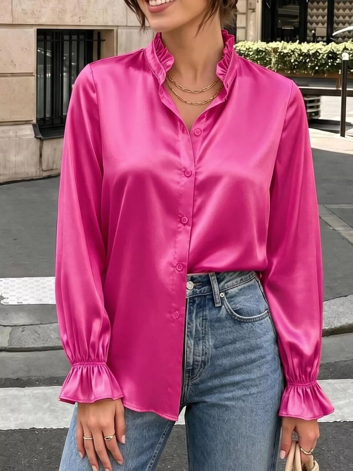 Elegant Button Down Ruffle Trim Satin Shirt