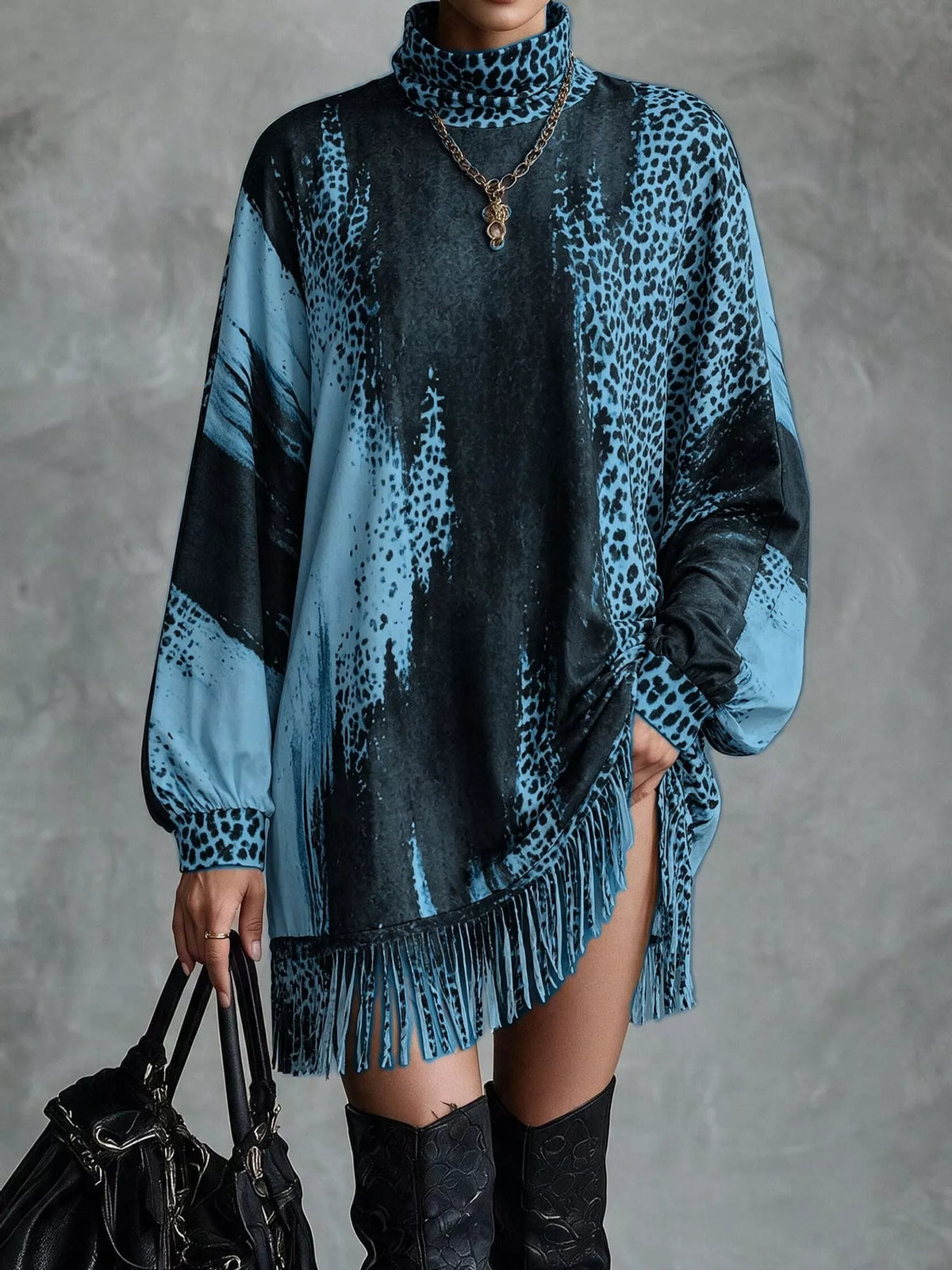 Leopard Print Mock Neck Fringe Hem Mini Dress