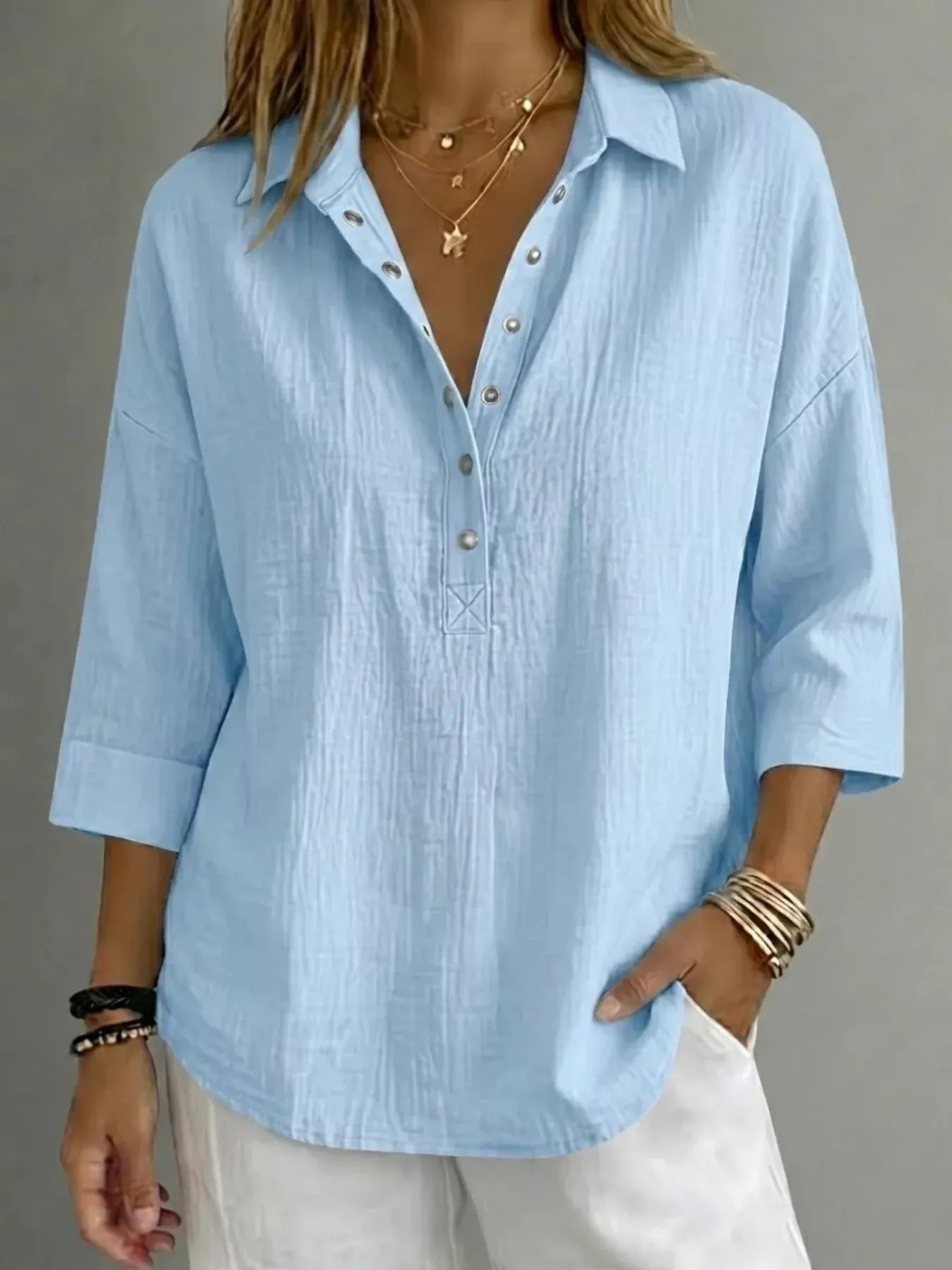 Full Size Snap Down 3/4 Sleeves Blouse Plus Size