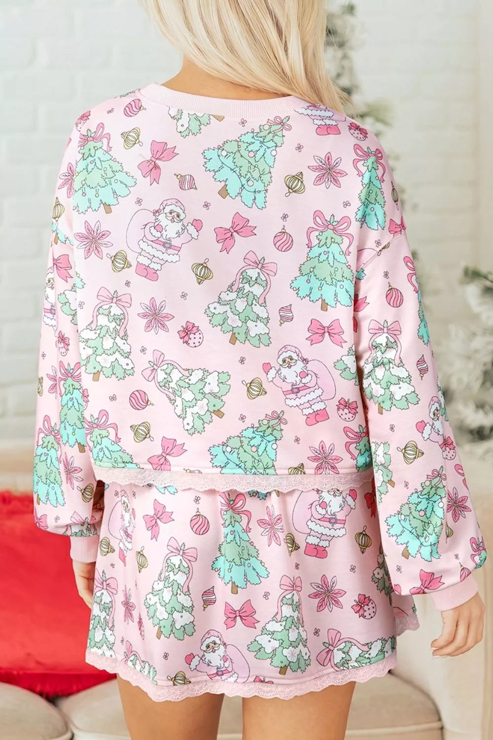 Floral Print Lace Trim Long Sleeve Top and Skirt Set