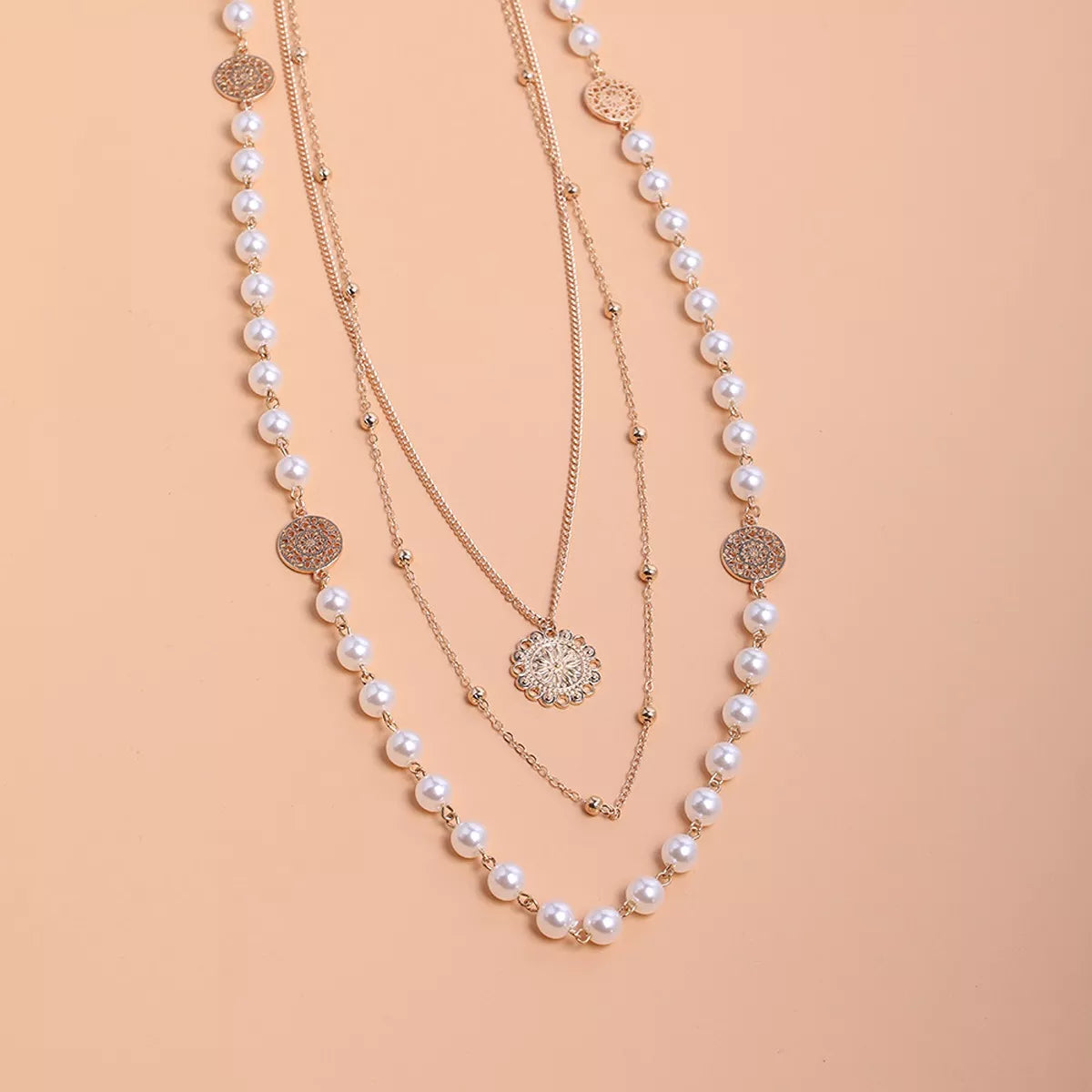 Multi-Layered Pearl and Coin Pendant Necklace