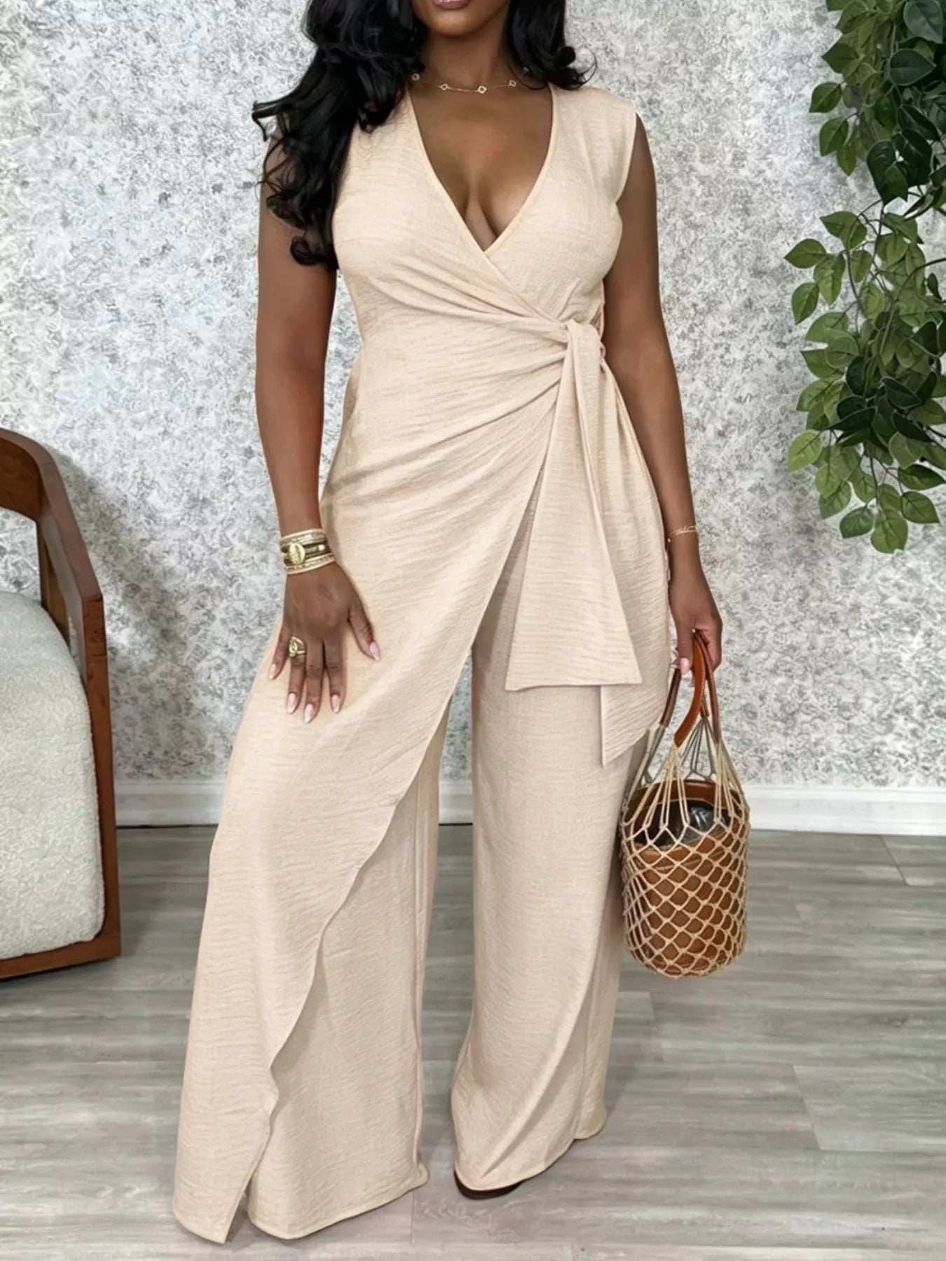 Wrap Front Wide Leg Jumpsuit