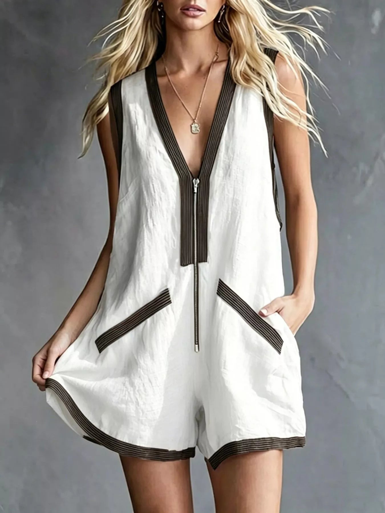 V-Neck Zipper Front Romper with Contrast Trim
