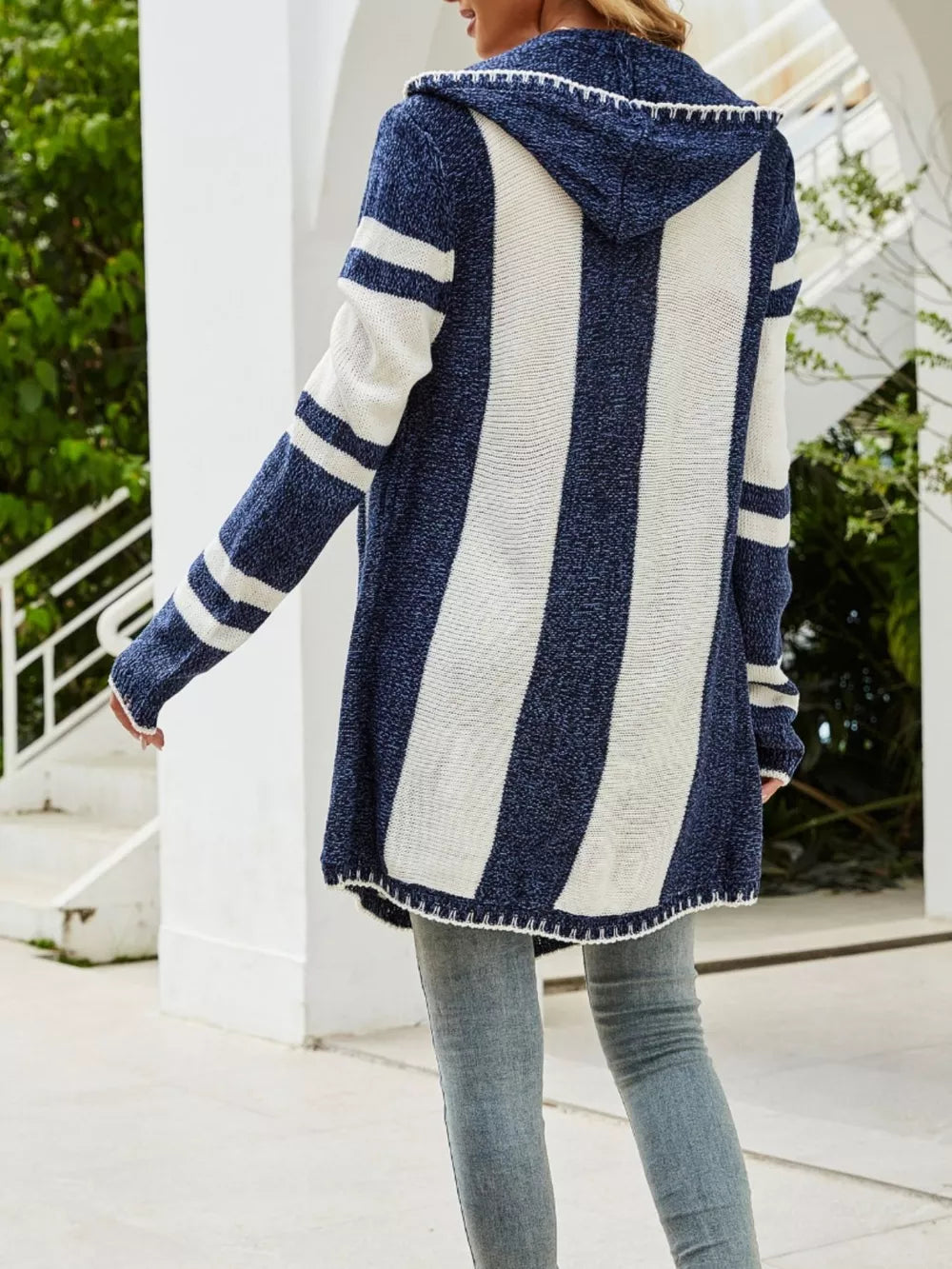 Striped Hooded Open Front Cardigan