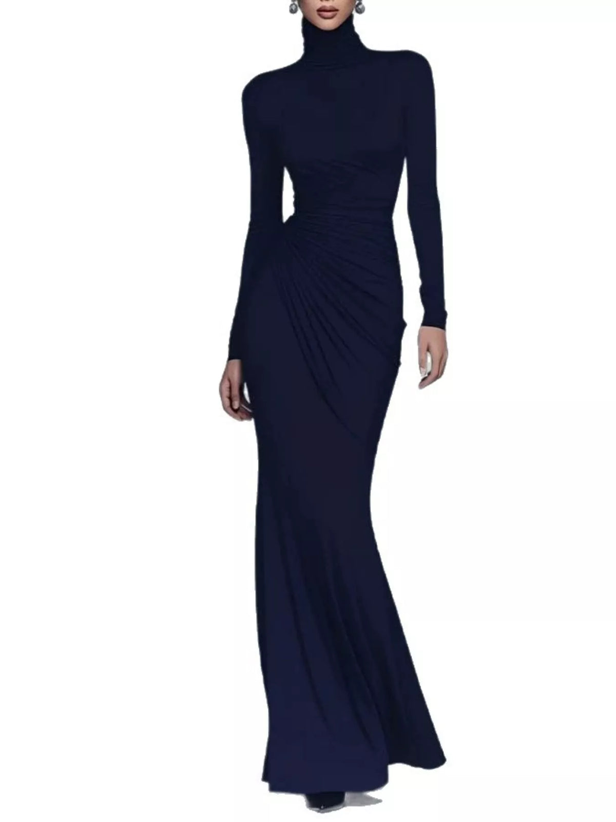 Turtleneck Long-Sleeve Ruched Maxi Dress