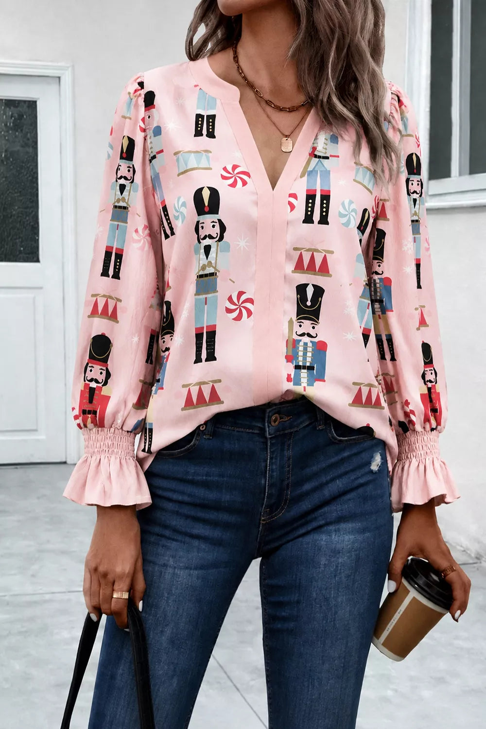 Nutcracker Print Notched Flounce Sleeve Blouse