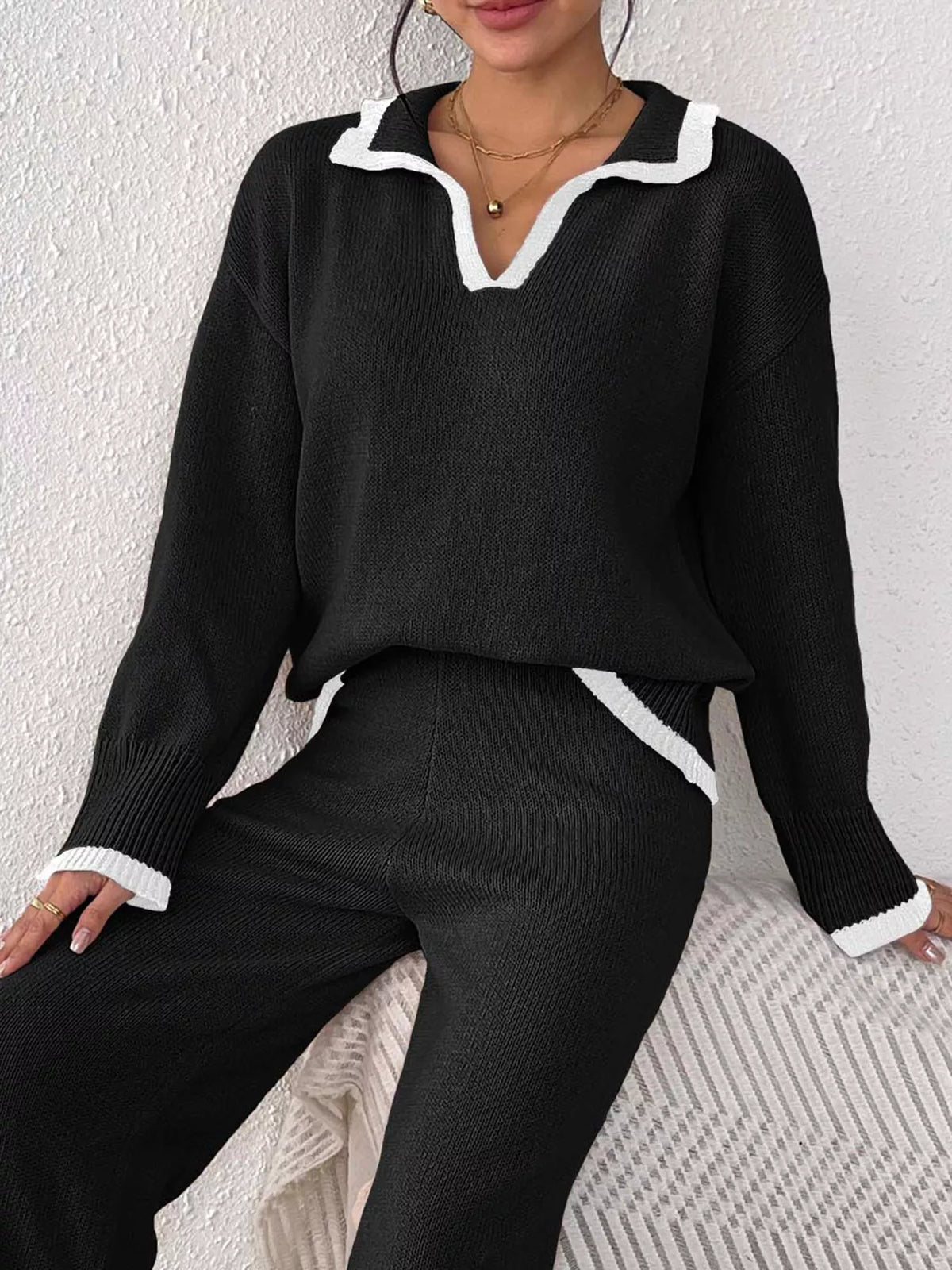 Contrast Trim Polo Collar Sweater