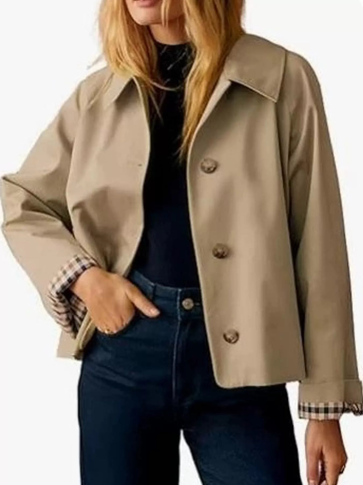 Plaid Cuffs Cropped Trench Outerwear