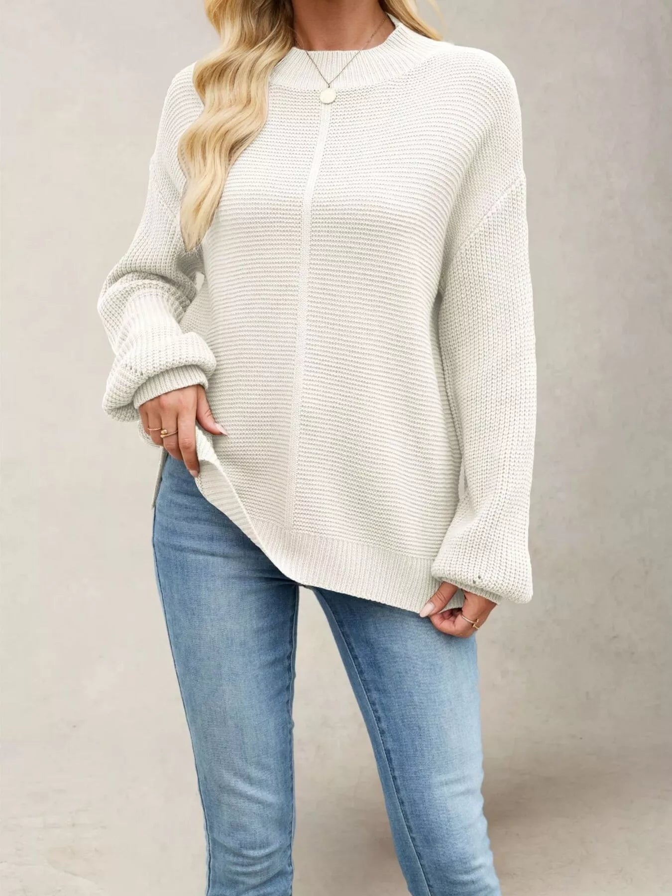 Ribbed Mock Neck Drop Shoulder Sweater