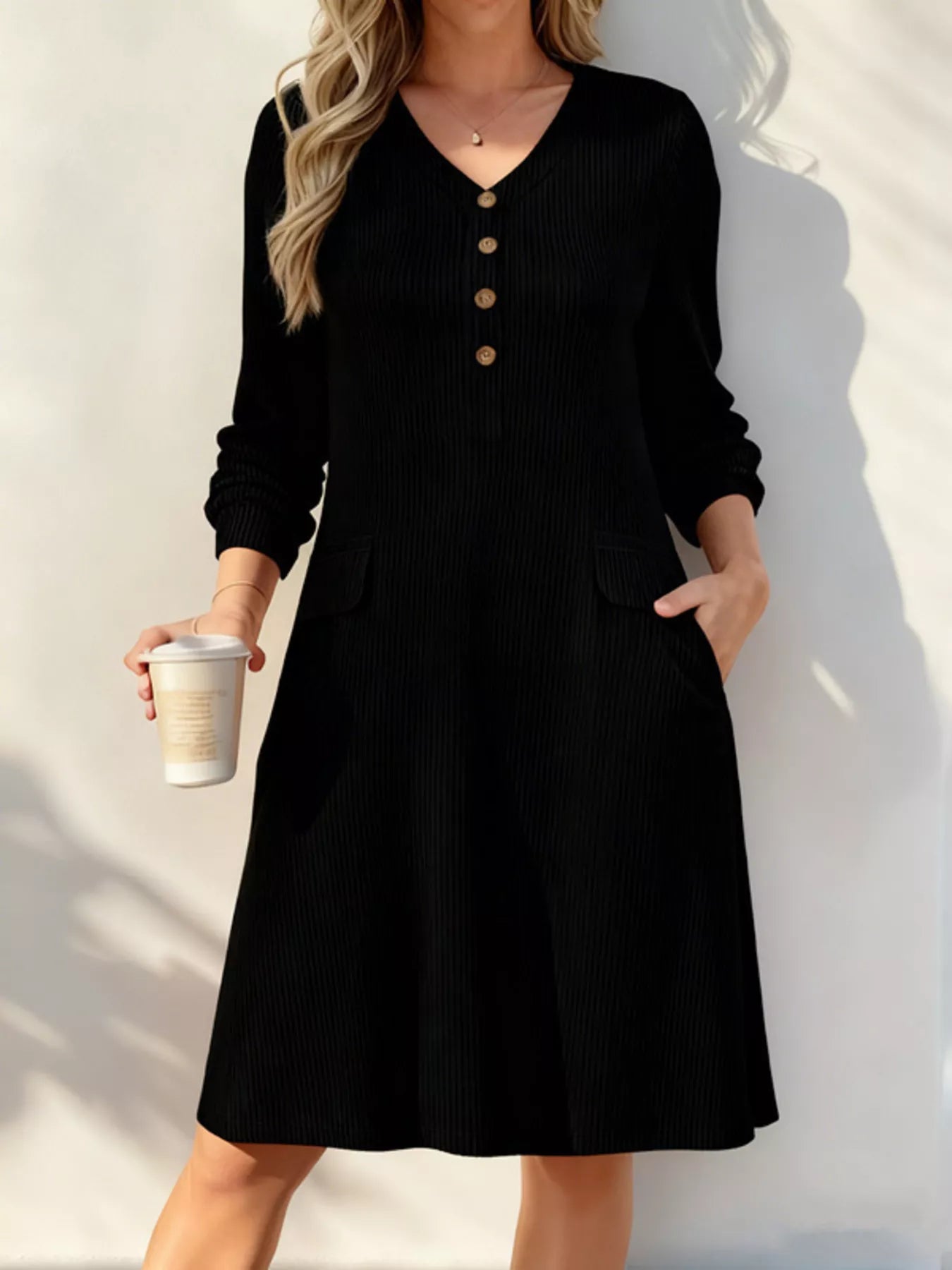 Full Size Ribbed Knit V-Neck Dress Plus Size