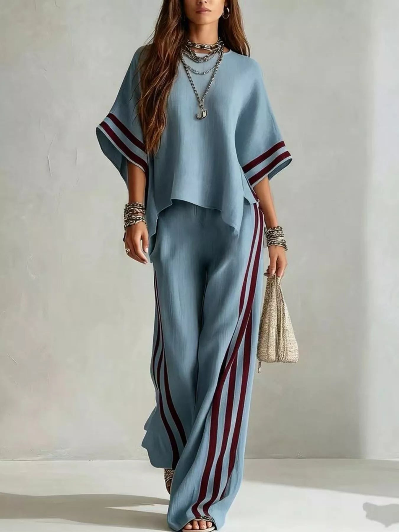 Full Size Striped 3/4 Sleeve Top and Pants Set Plus Size