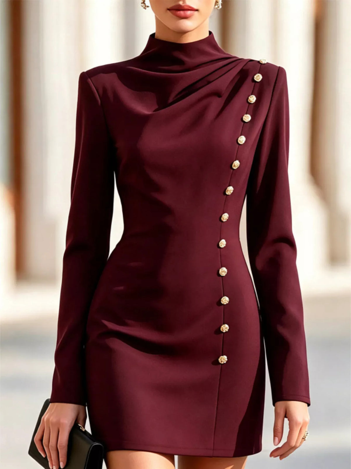 Mock Neck Long-Sleeve Bodycon Dress with Gold-Tone Button Detailing