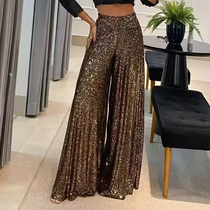 Women's Sequin Palazzo Pants Glitter Casual Loose Wide Leg Long Trouser (See size chart where applicable)