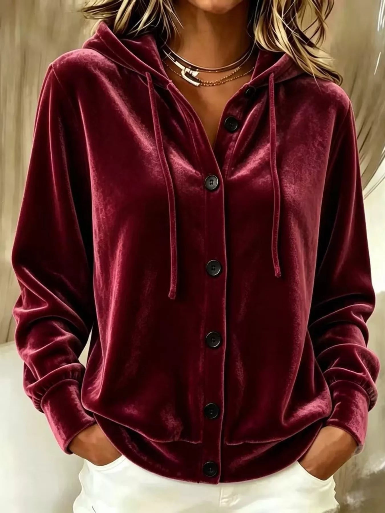 Full Size Velvet Button-Down Hooded Outerwear Plus Size