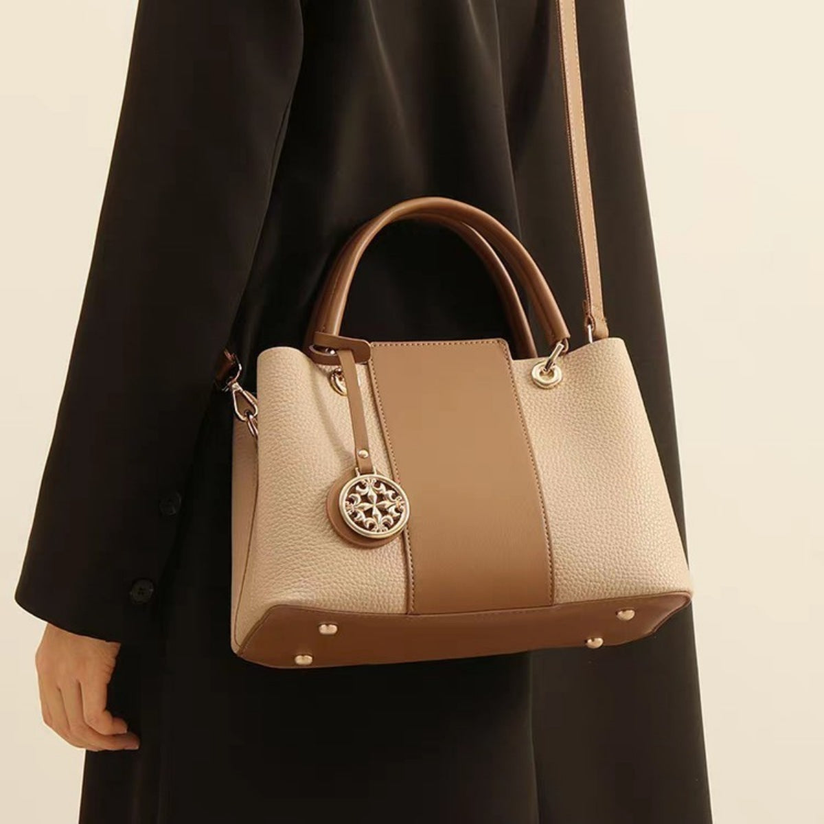 Two-Tone Leather Top Handle Handbag