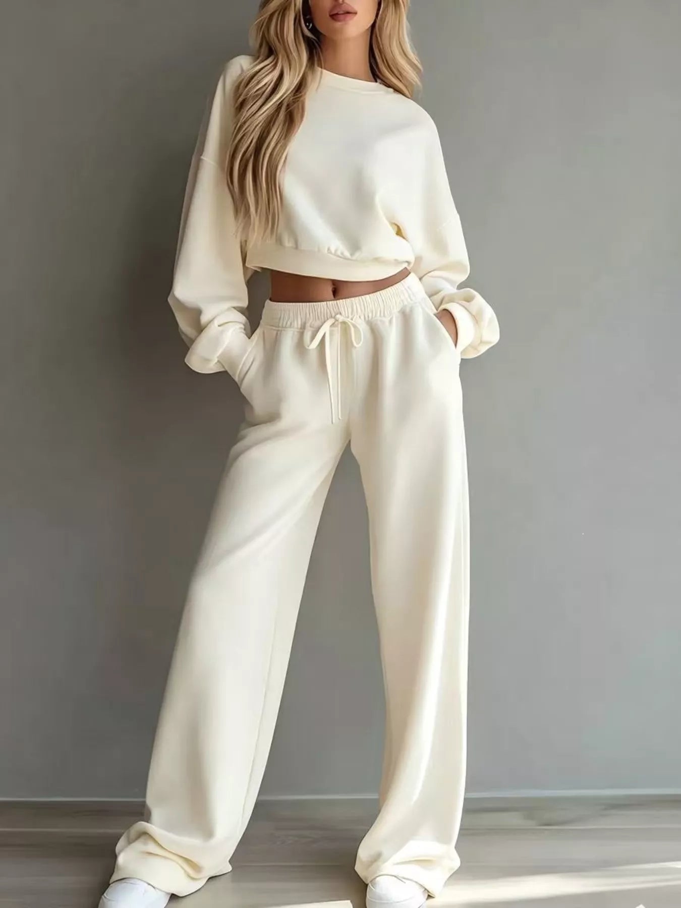 Round Neck Cropped Sweatshirt and Wide-Leg Pants Set