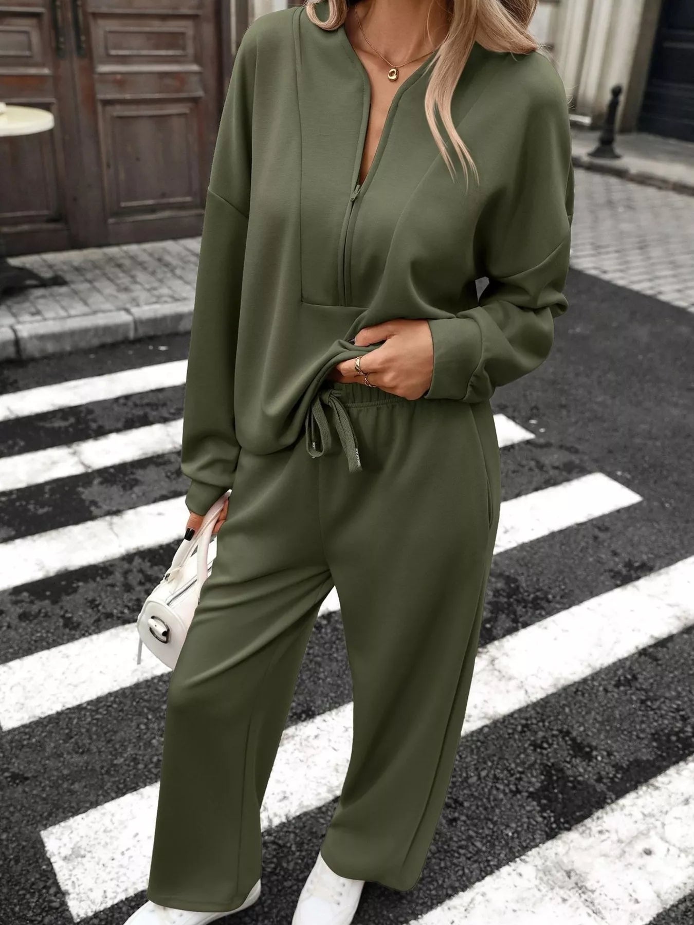 Half Zip Sweatshirt and Wide-Leg Pants Set