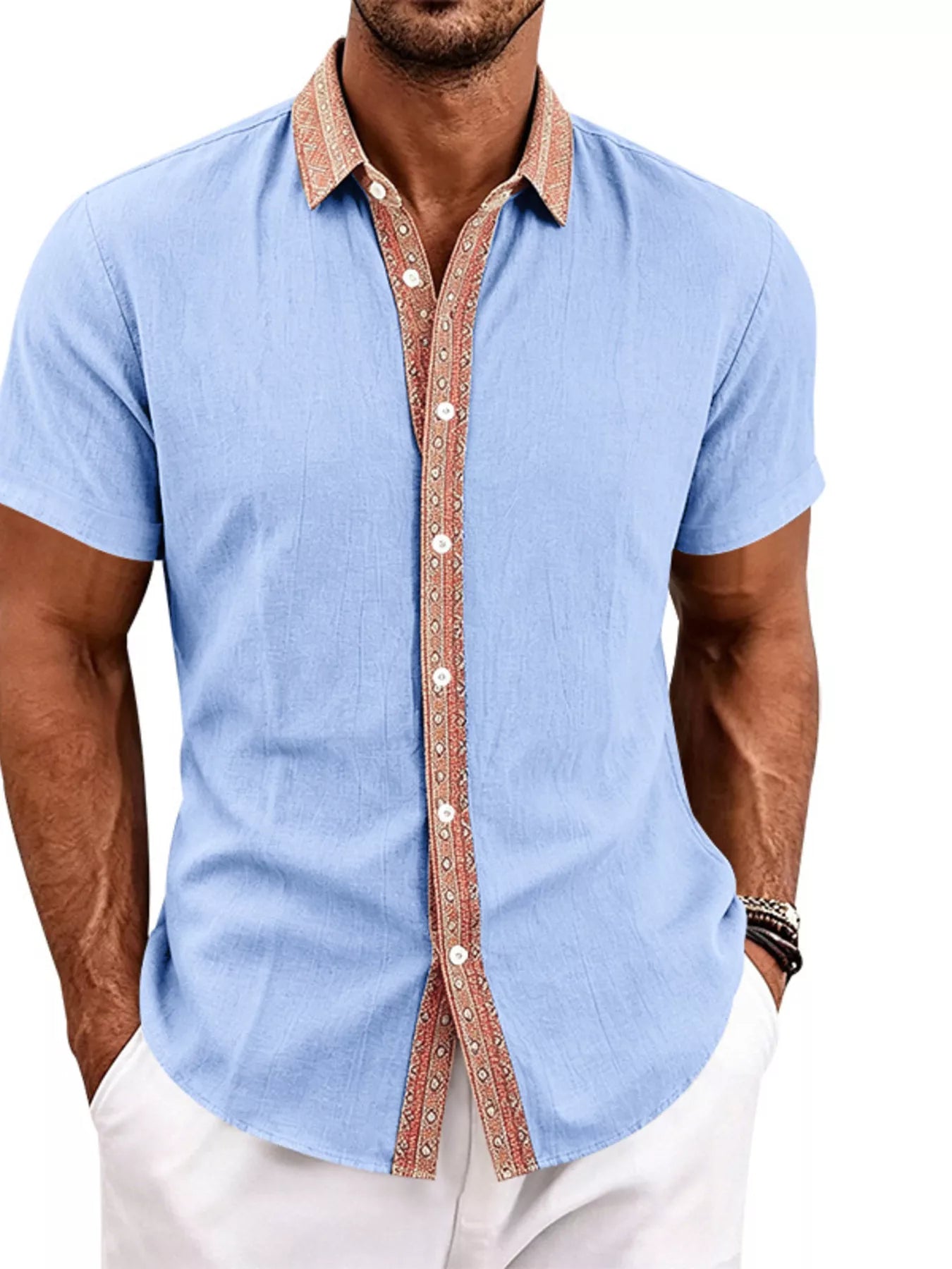 Men's Full Size Casual Short Sleeve Linen Shirt Plus Size