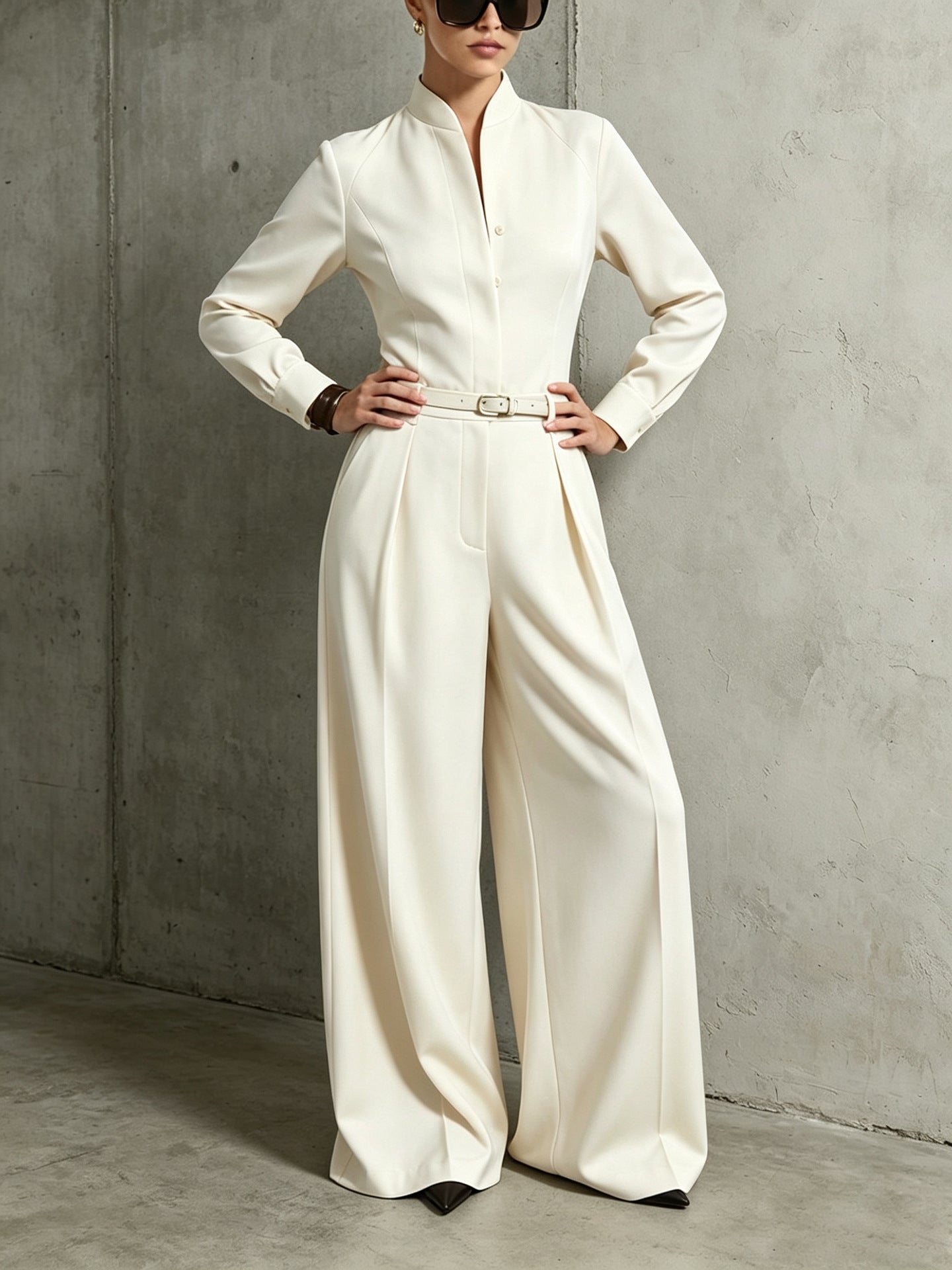 Women's Stand-Collar Long-Sleeve Wide-Leg Jumpsuit