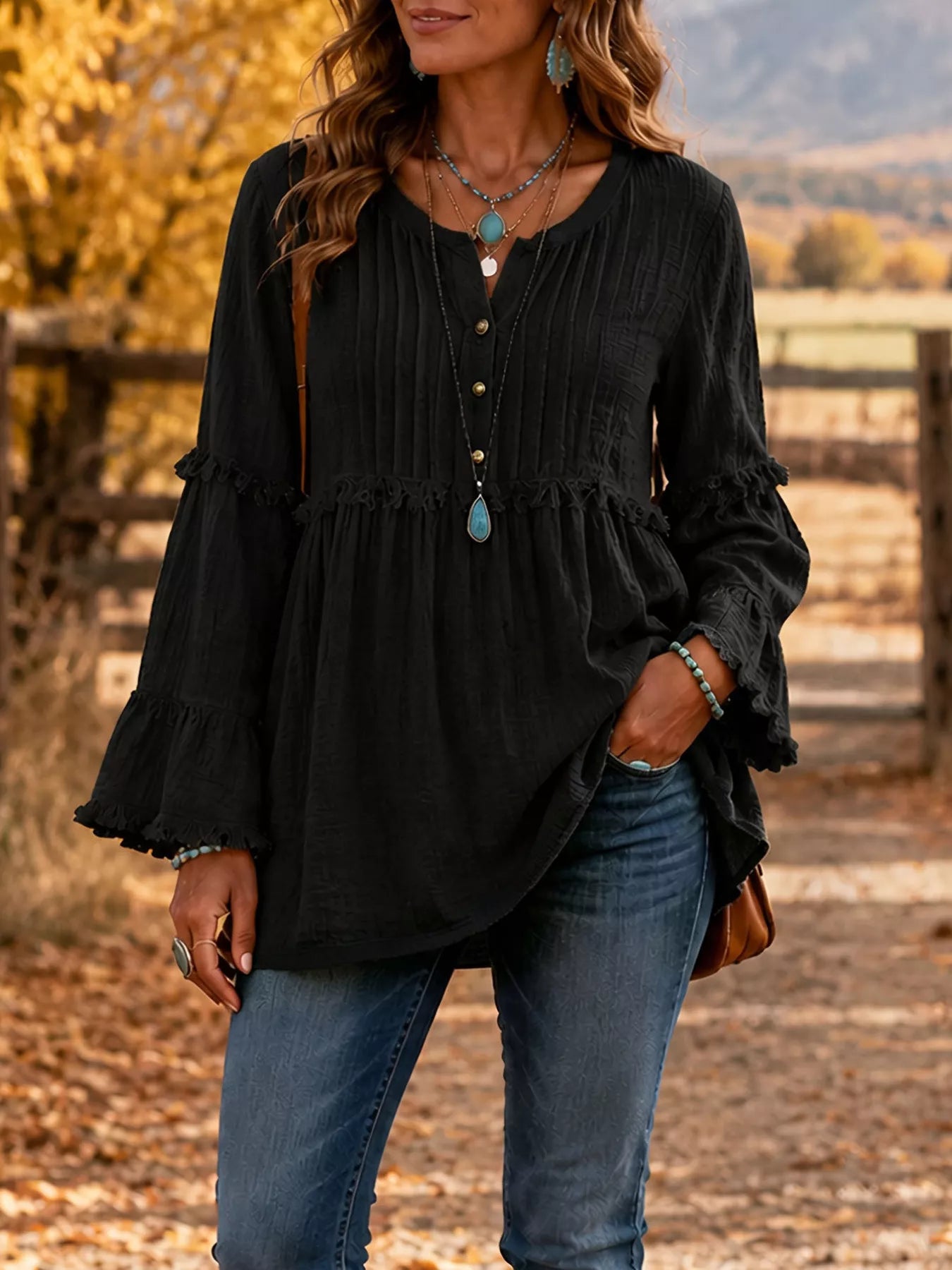 Full Size Frill Notched Long Sleeve Blouse Plus Size