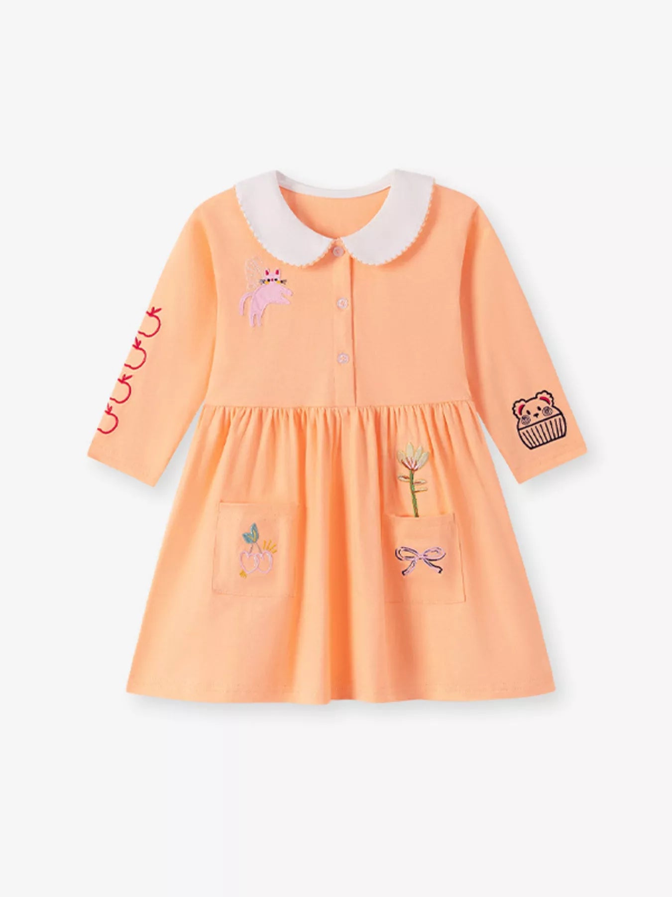 Children's Cartoon Applique Dress with Peter Pan Collar