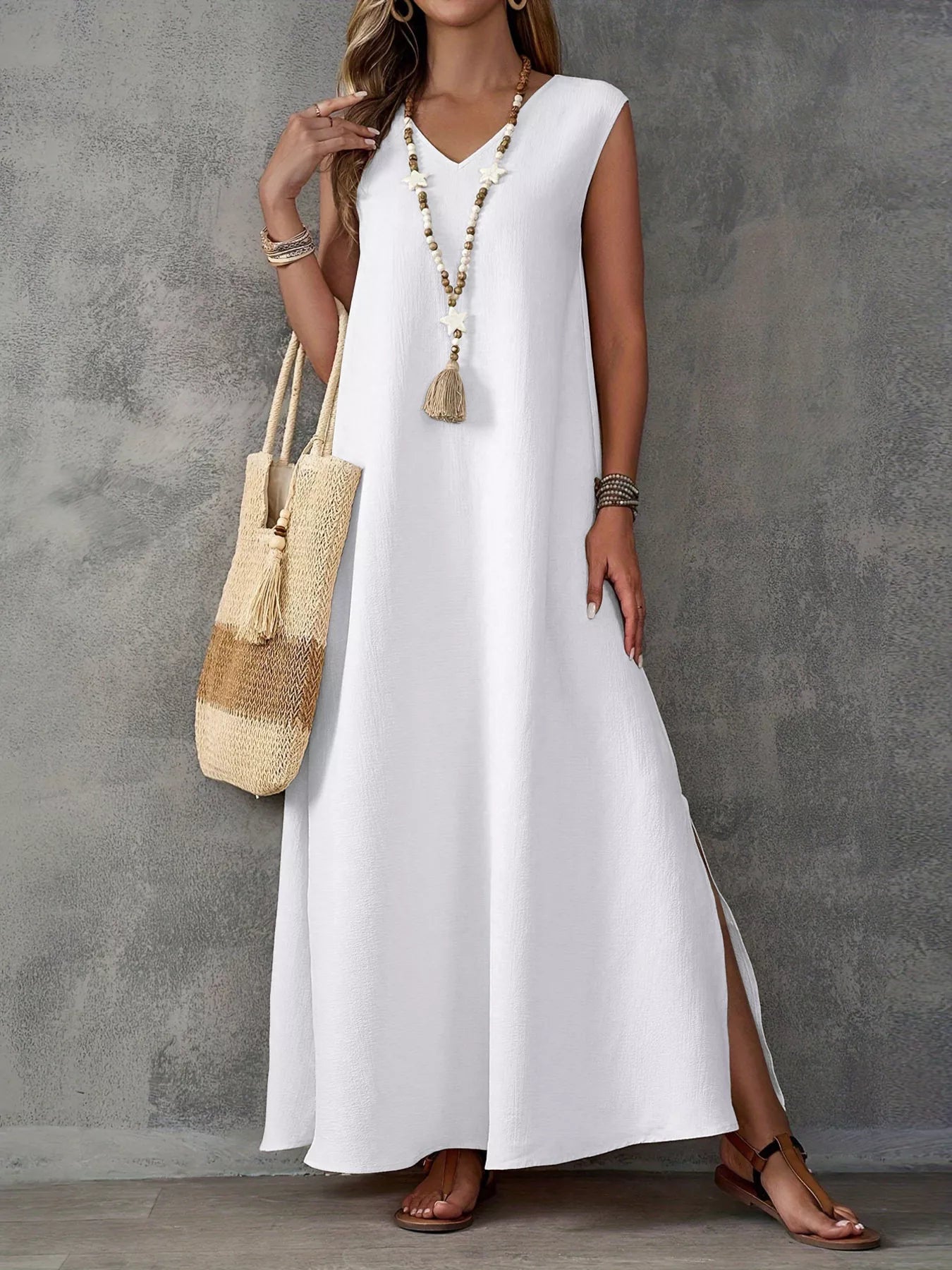 Sleeveless V-Neck Side-Slit Maxi Dress