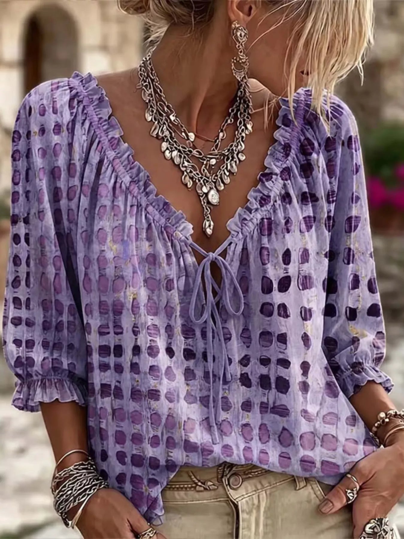 Full Size Tie Neck 3/4 Sleeve Blouse Plus Size