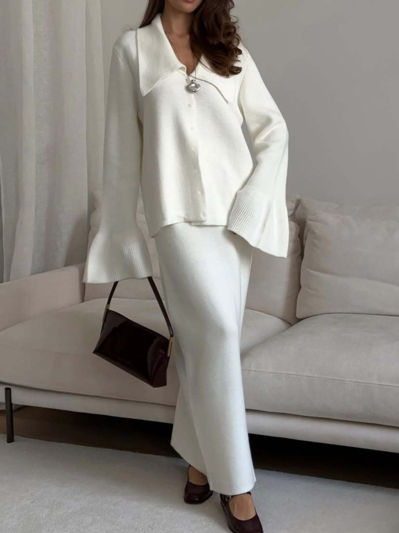 Button Down Long Sleeve Cardigan and Skirt Knit Set