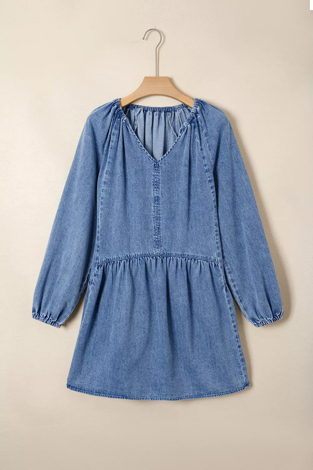 Puff Sleeve V Neck Ruffled Loose Denim Mini Dress