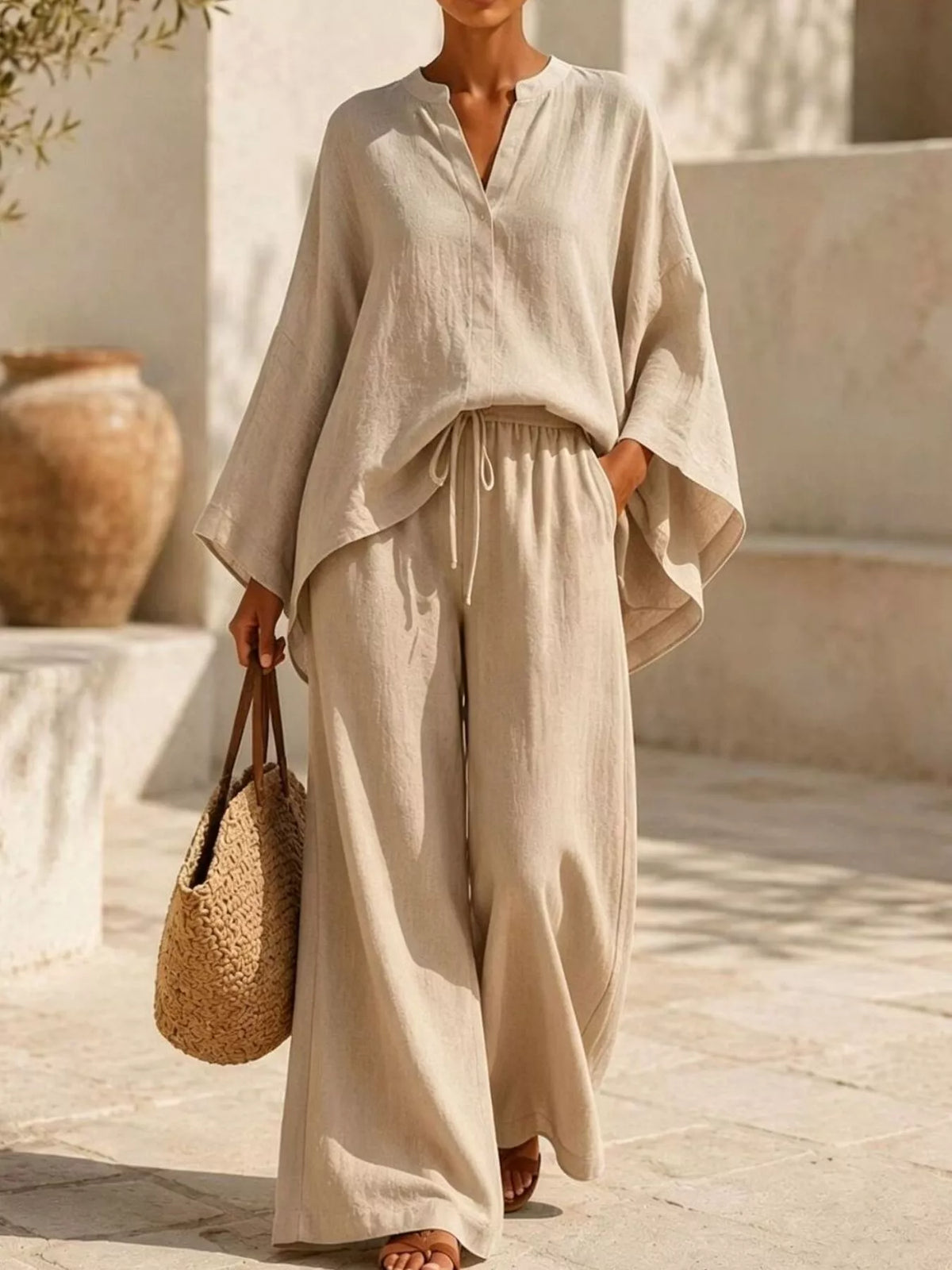 Full Size Loose Fit Top and Wide-Leg Pants Set Plus Size