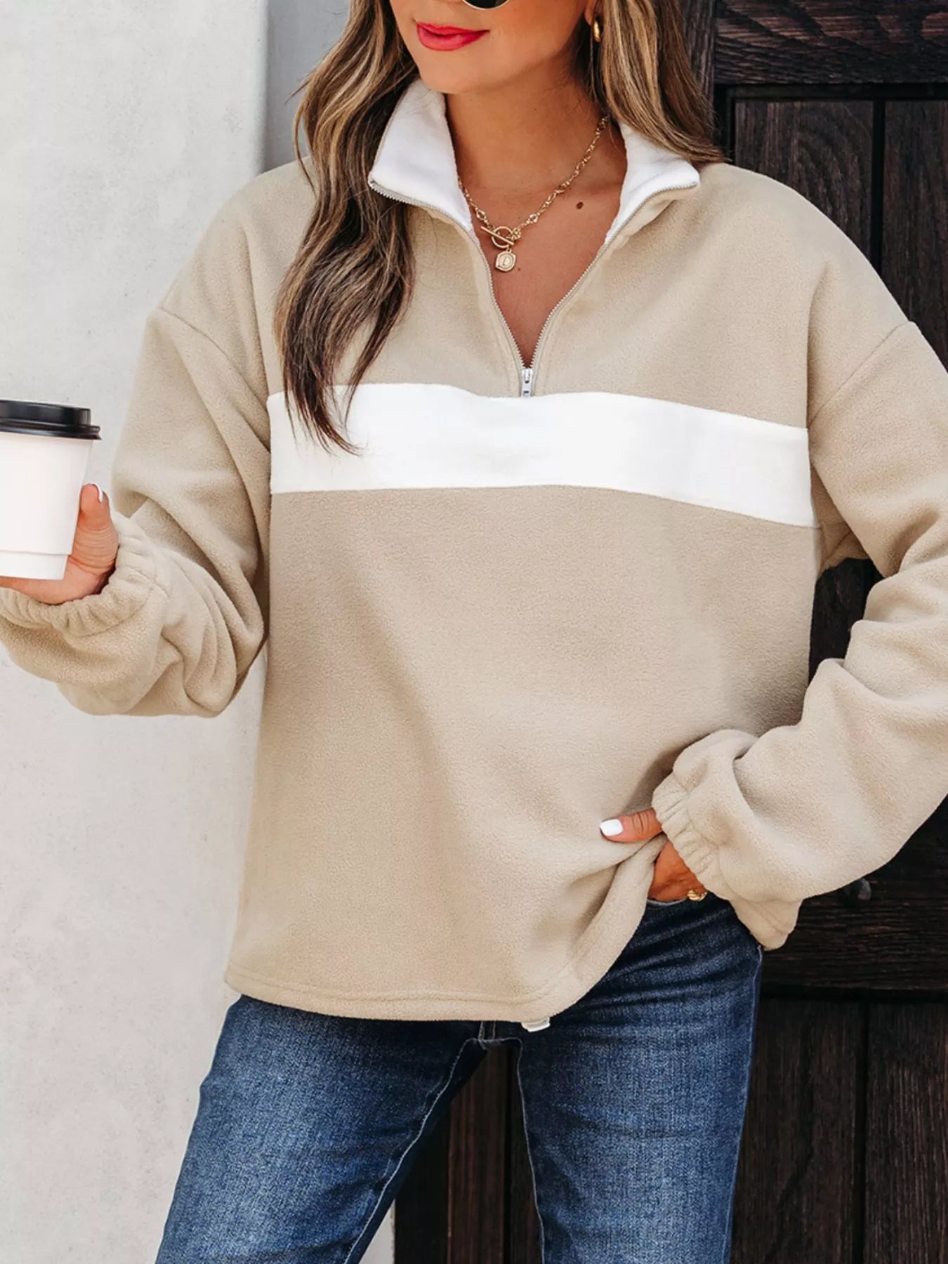 Fleece Colorblock Patchwork Zipped Neck Pullover Sweatshirt