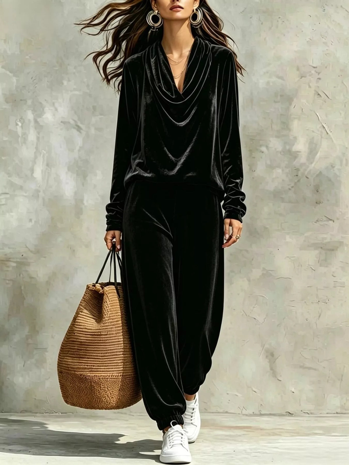 Full Size Velvet Cowl Neck Long Sleeve Top and Pants Set Plus Size