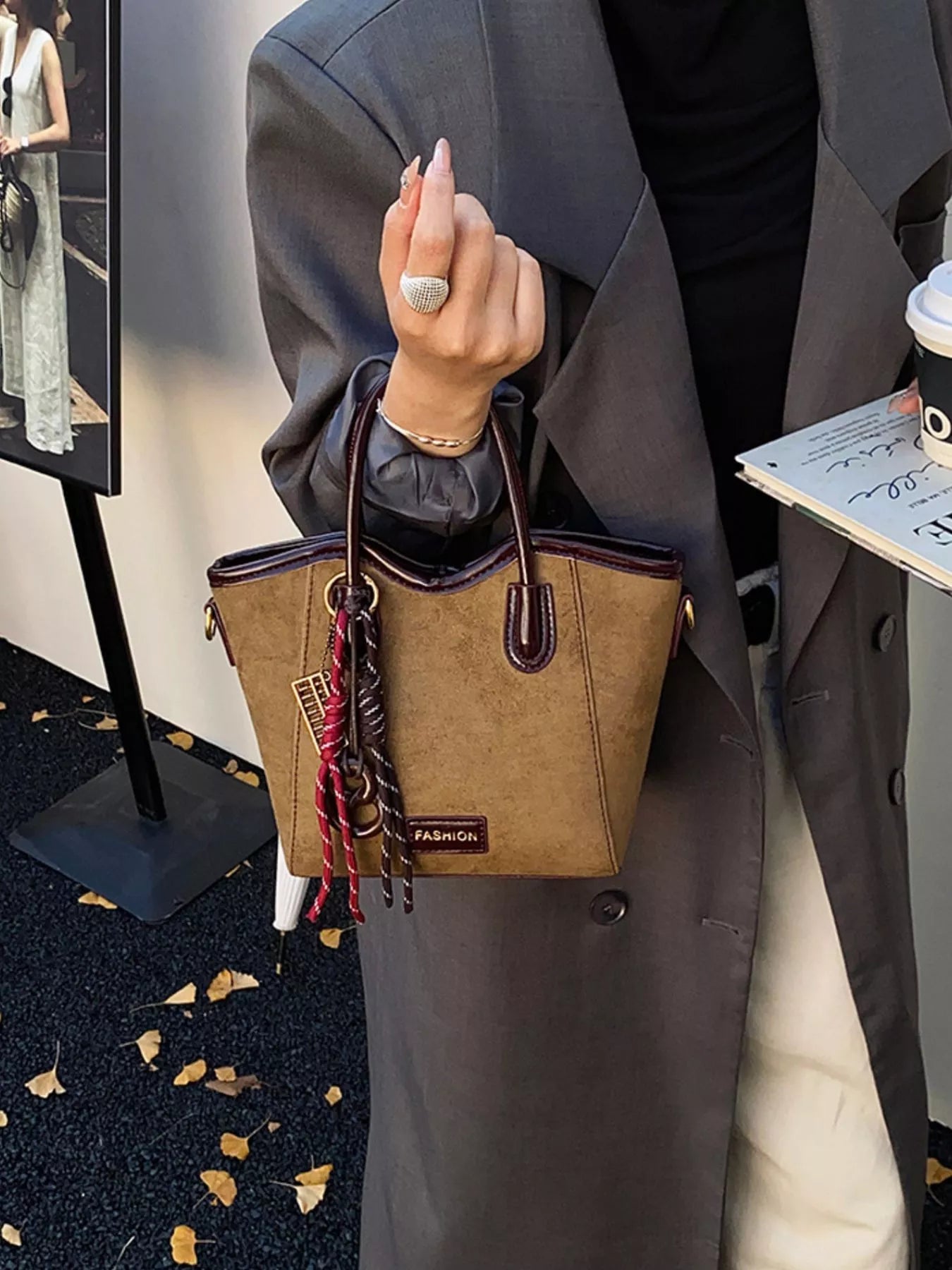 Suede Leather Strap Tote Bag