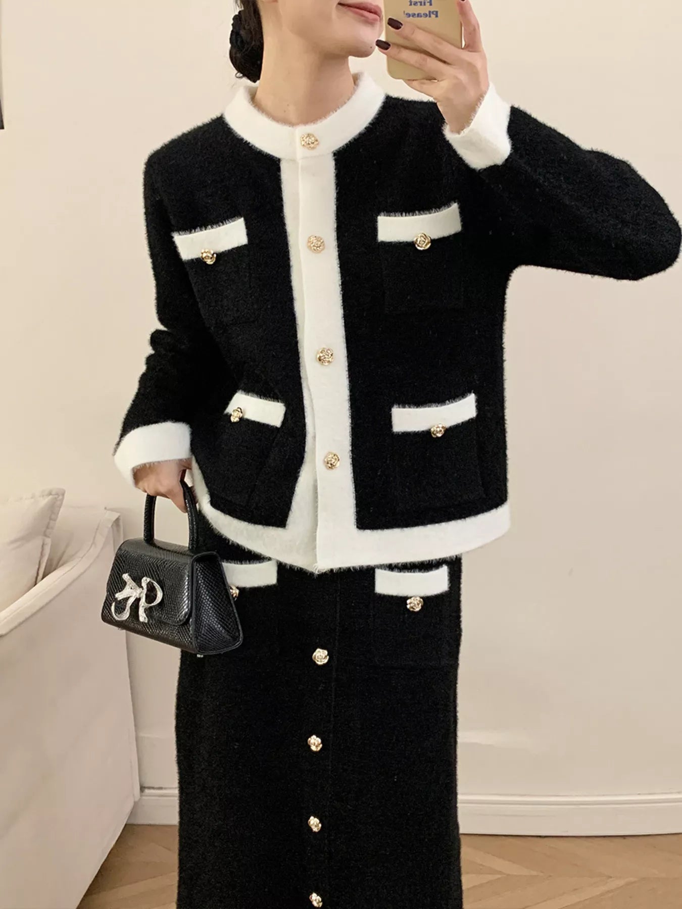 Contrast Trim Jacket and Skirts Sweater Set