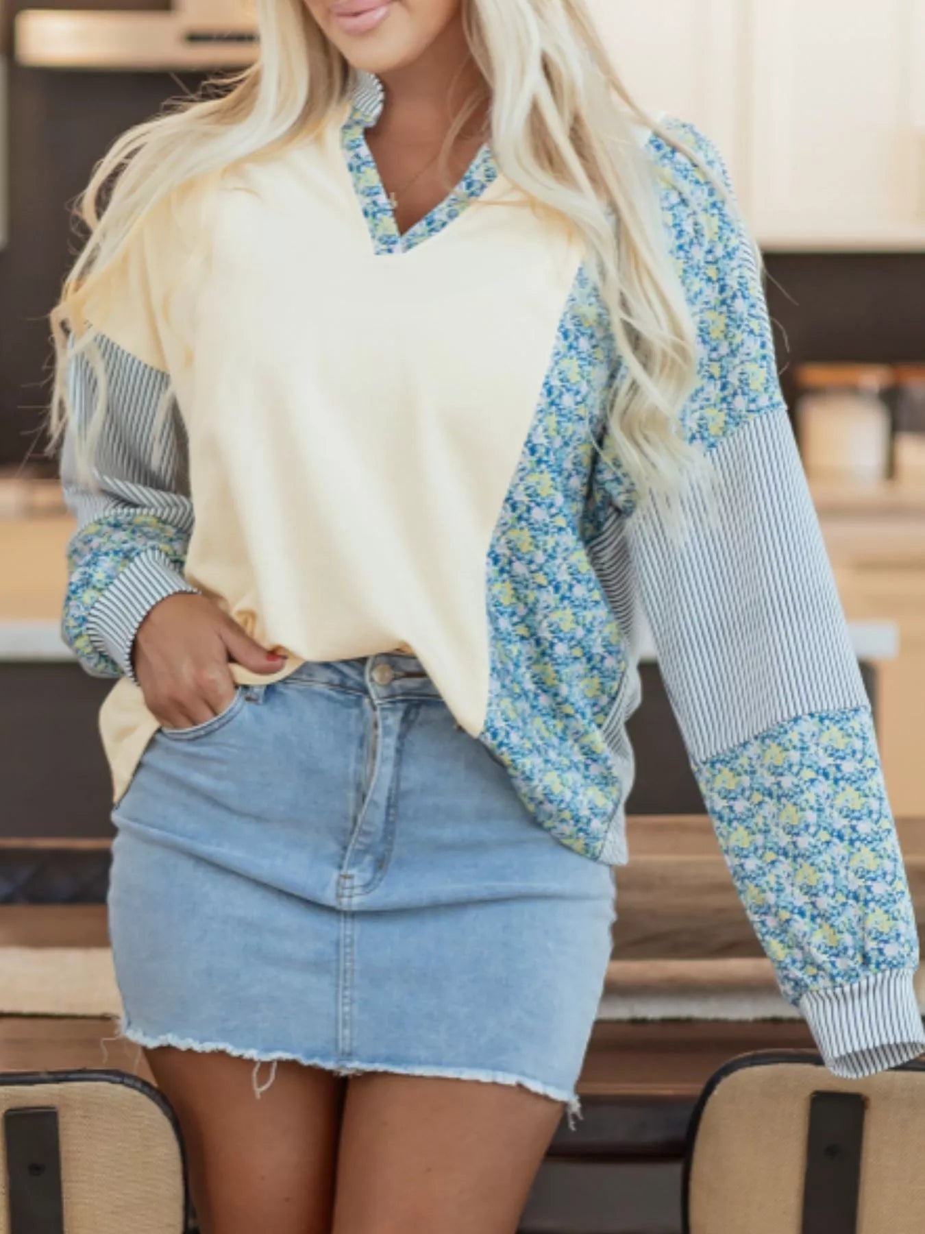Floral Striped Drop Sleeve Collared Boxy Fit Sweatshirt