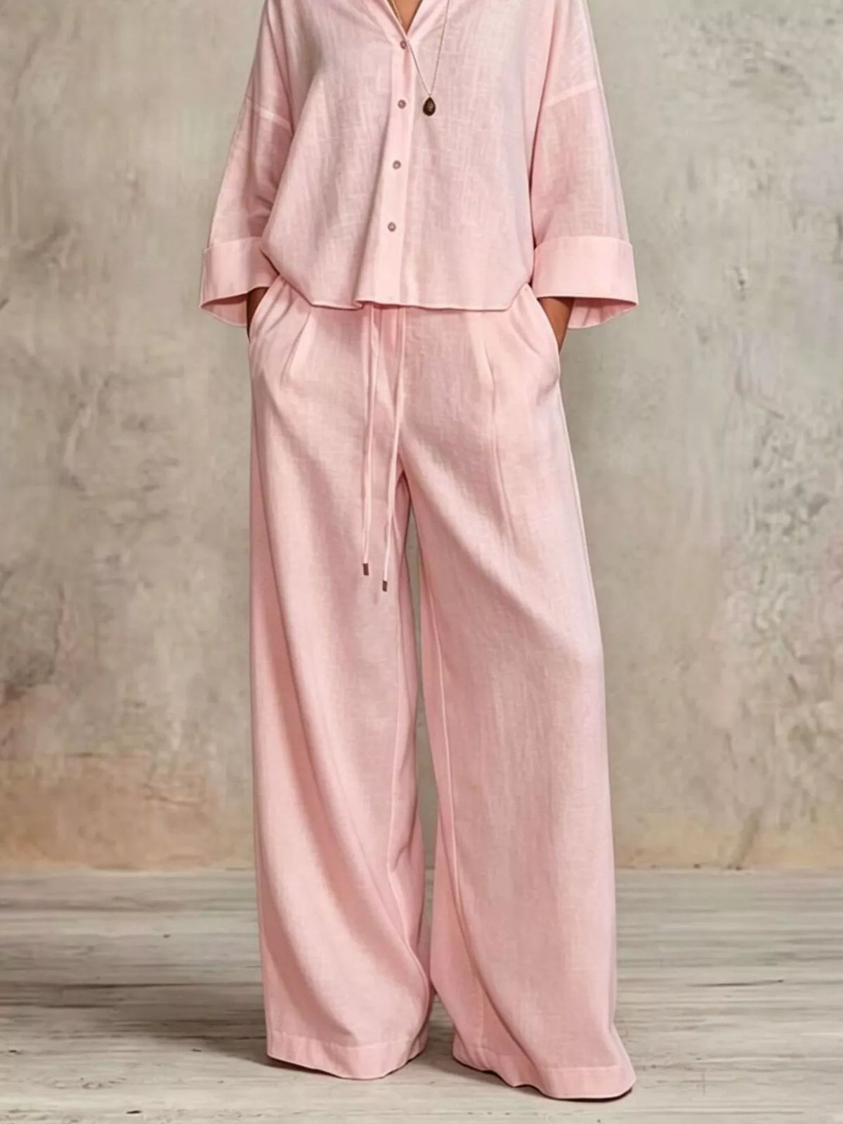 Full Size Button-Down Shirt and Wide-Leg Pants Set Plus Size