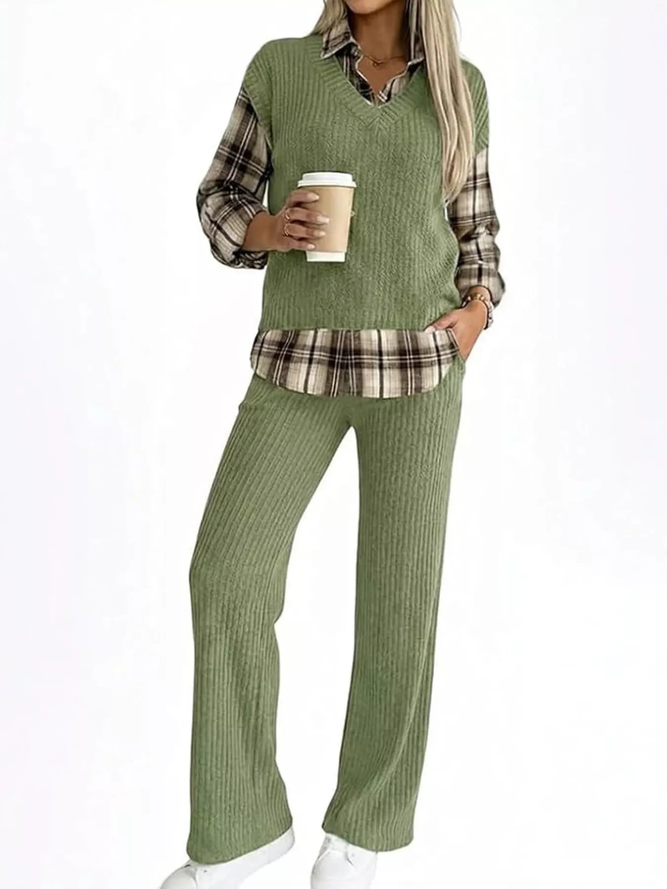 Ribbed Knit Plaid Sleeve Top & Pants Set