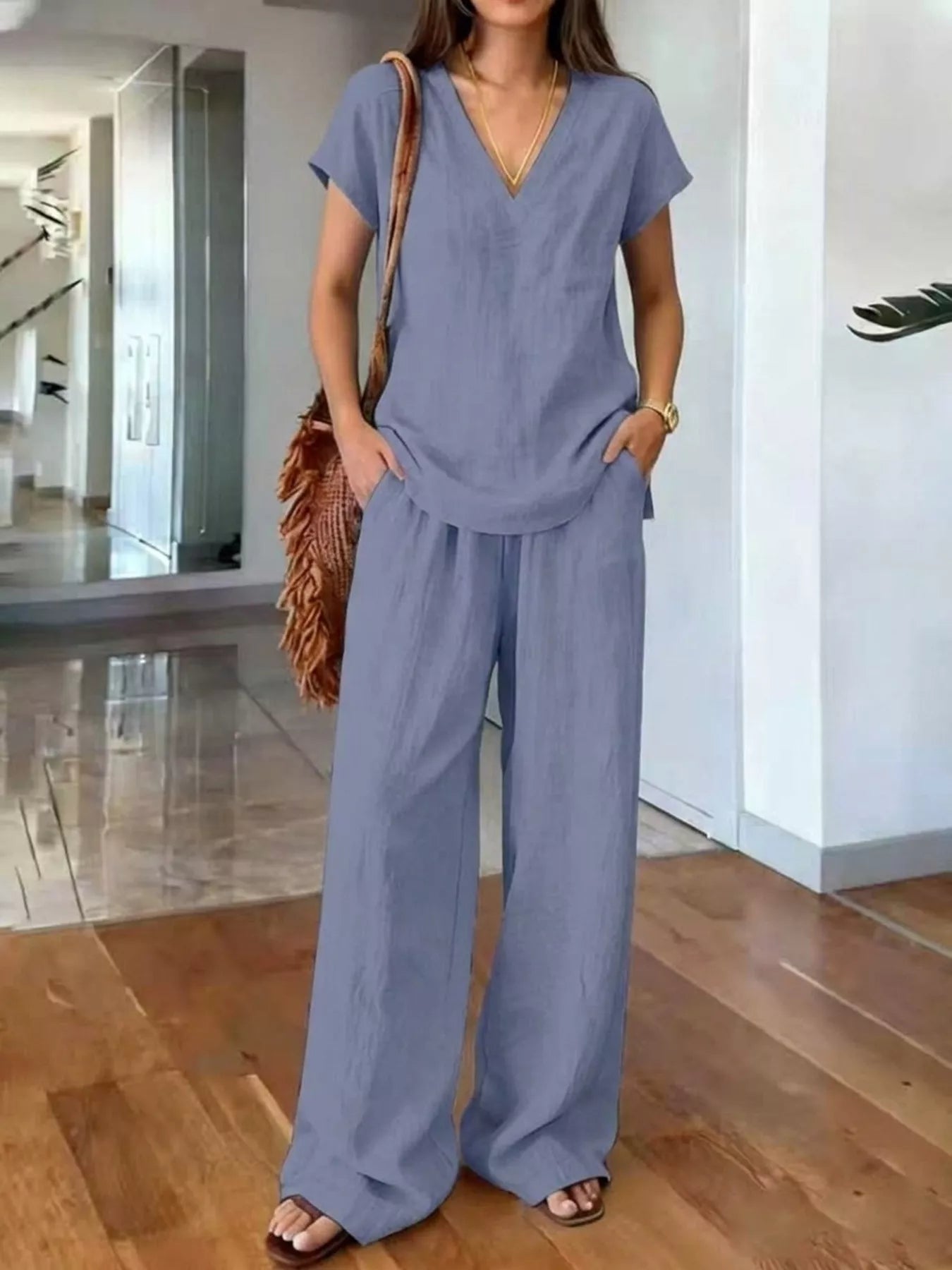 Full Size V-Neck Short Sleeve Top and Pants Set Plus Size