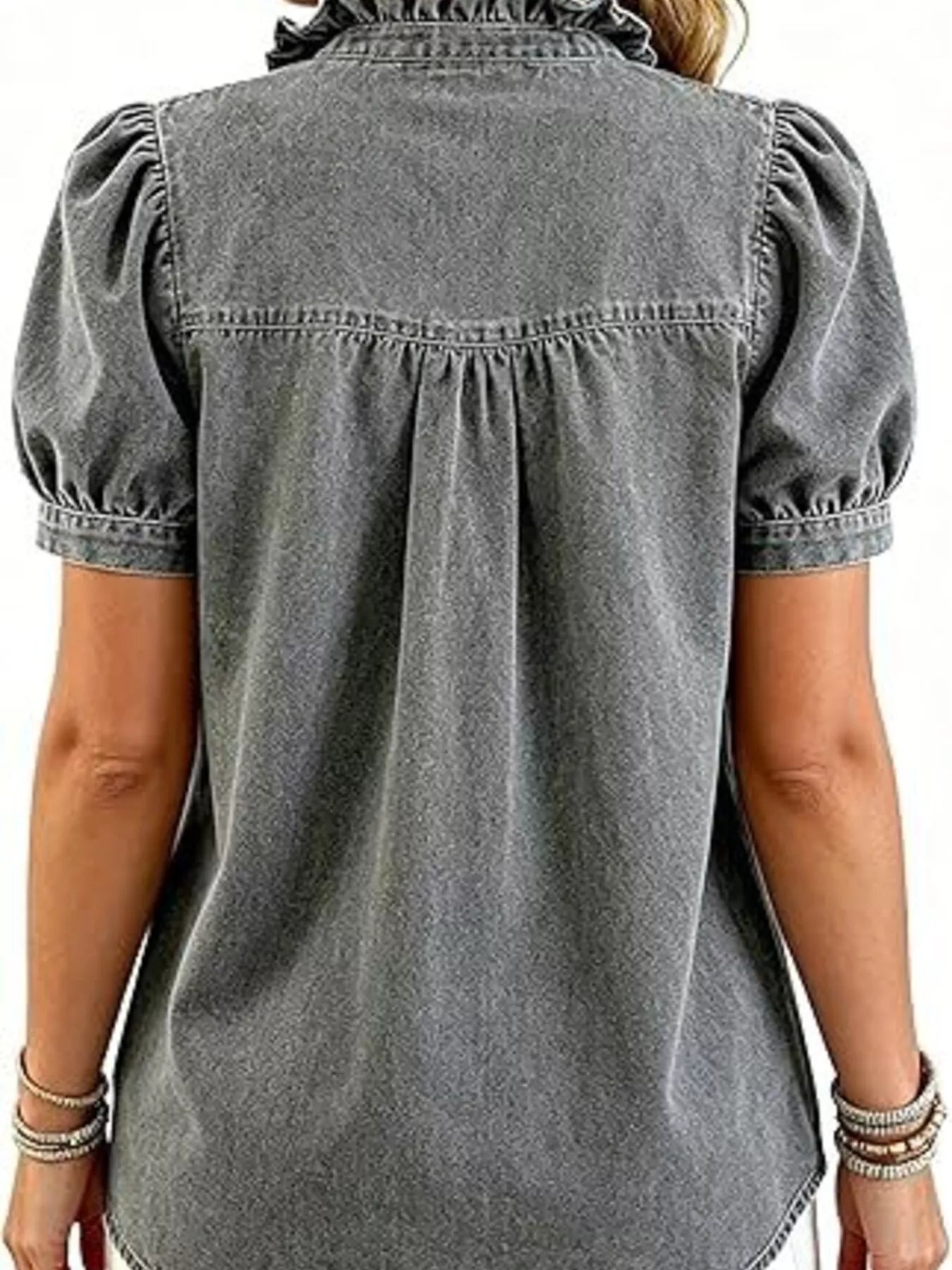 Frill Puff Sleeve Denim Top