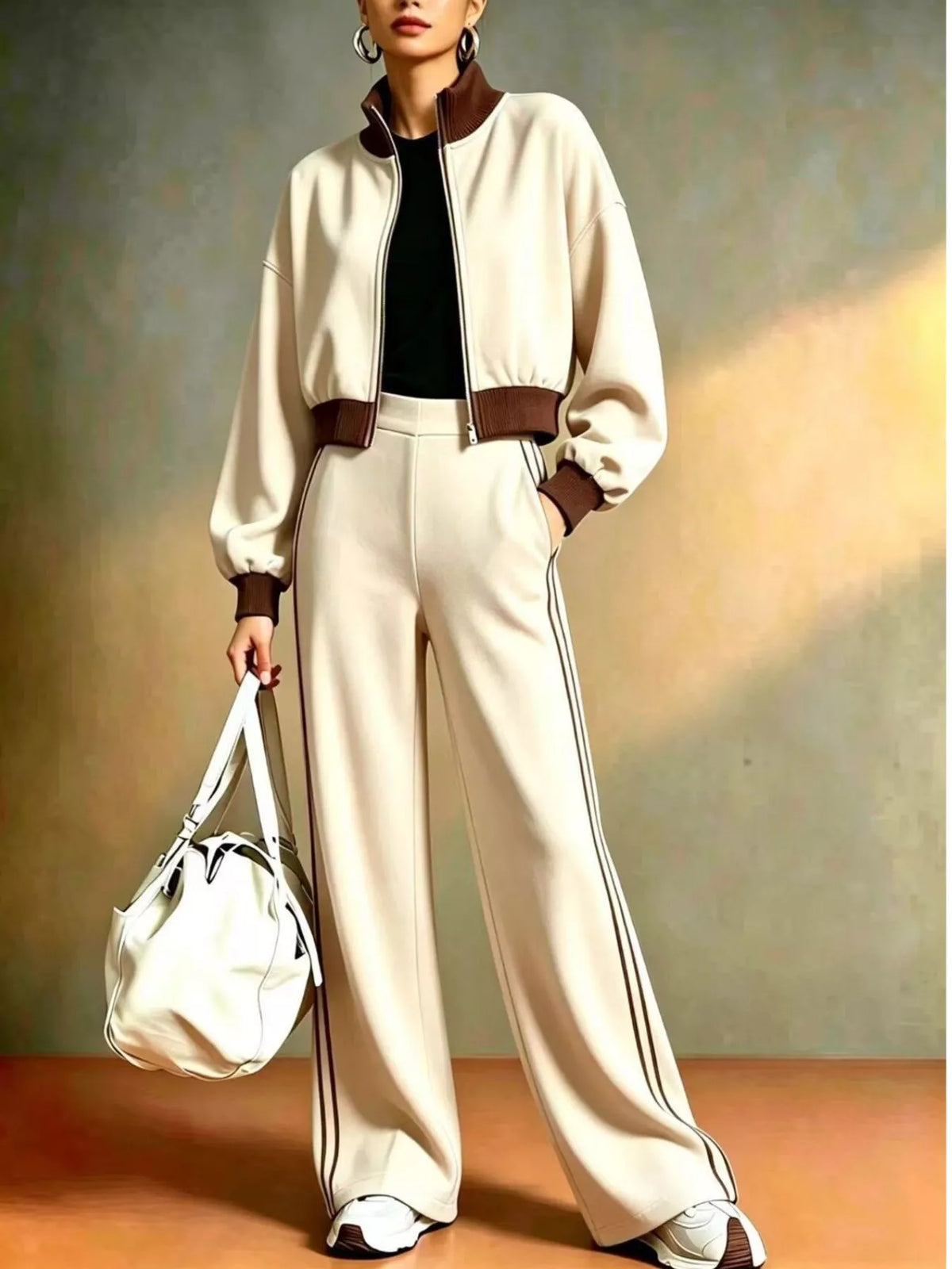 Contrast Ribbed Jacket and Wide-Leg Pants Tracksuit Set