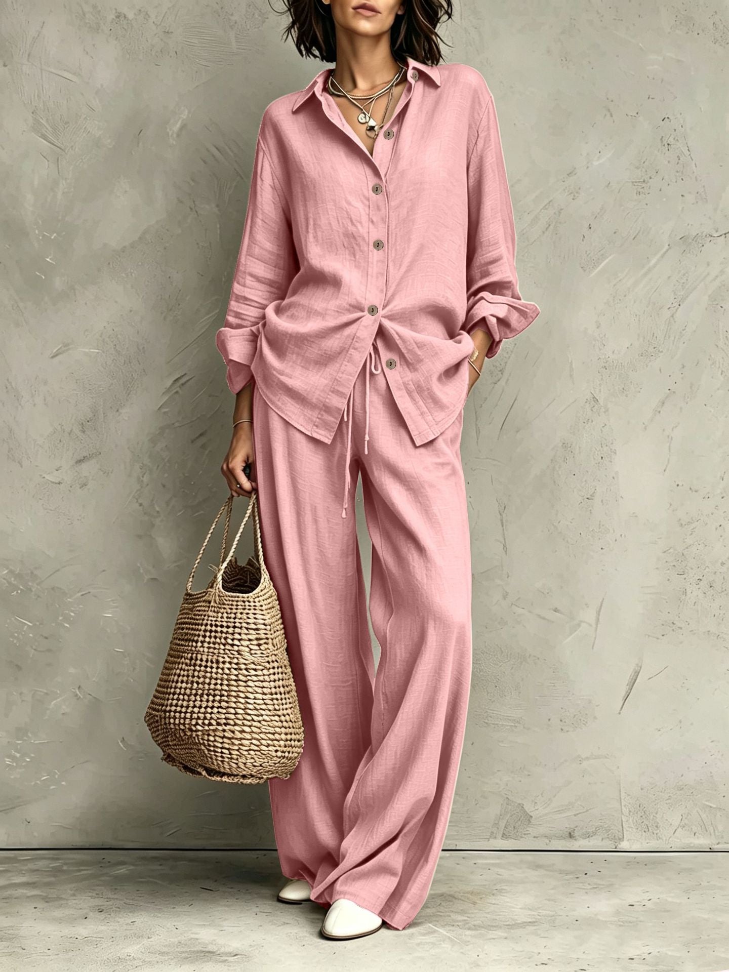 Women's Button-Down Shirt & Wide-Leg Pants Set